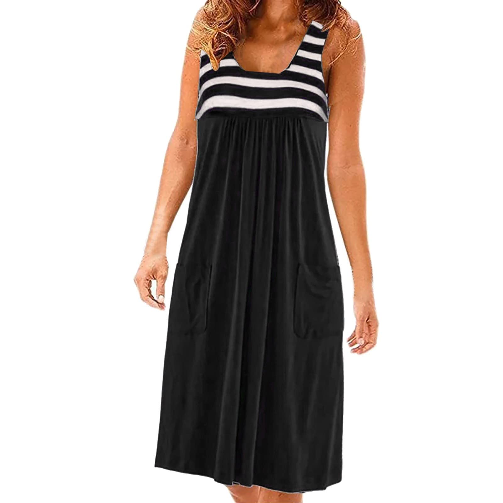AMDOLE Vestido casual sin mangas, largo hasta la rodilla, plisado, vestido largo de noche para mujer