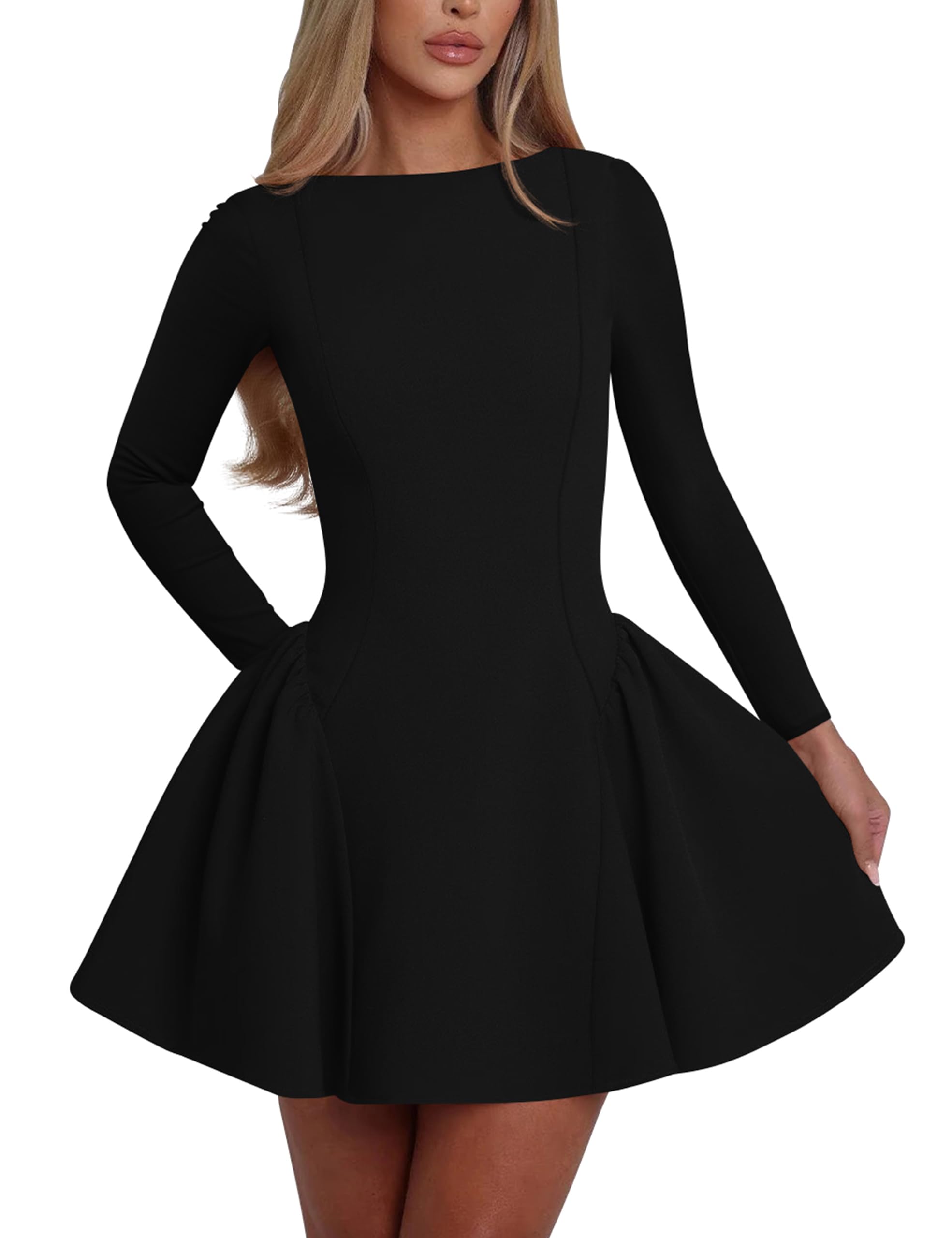 YMDUCH Womens Elegant Long Sleeve Crew Neck Backless A-line Mini Party Prom Dress