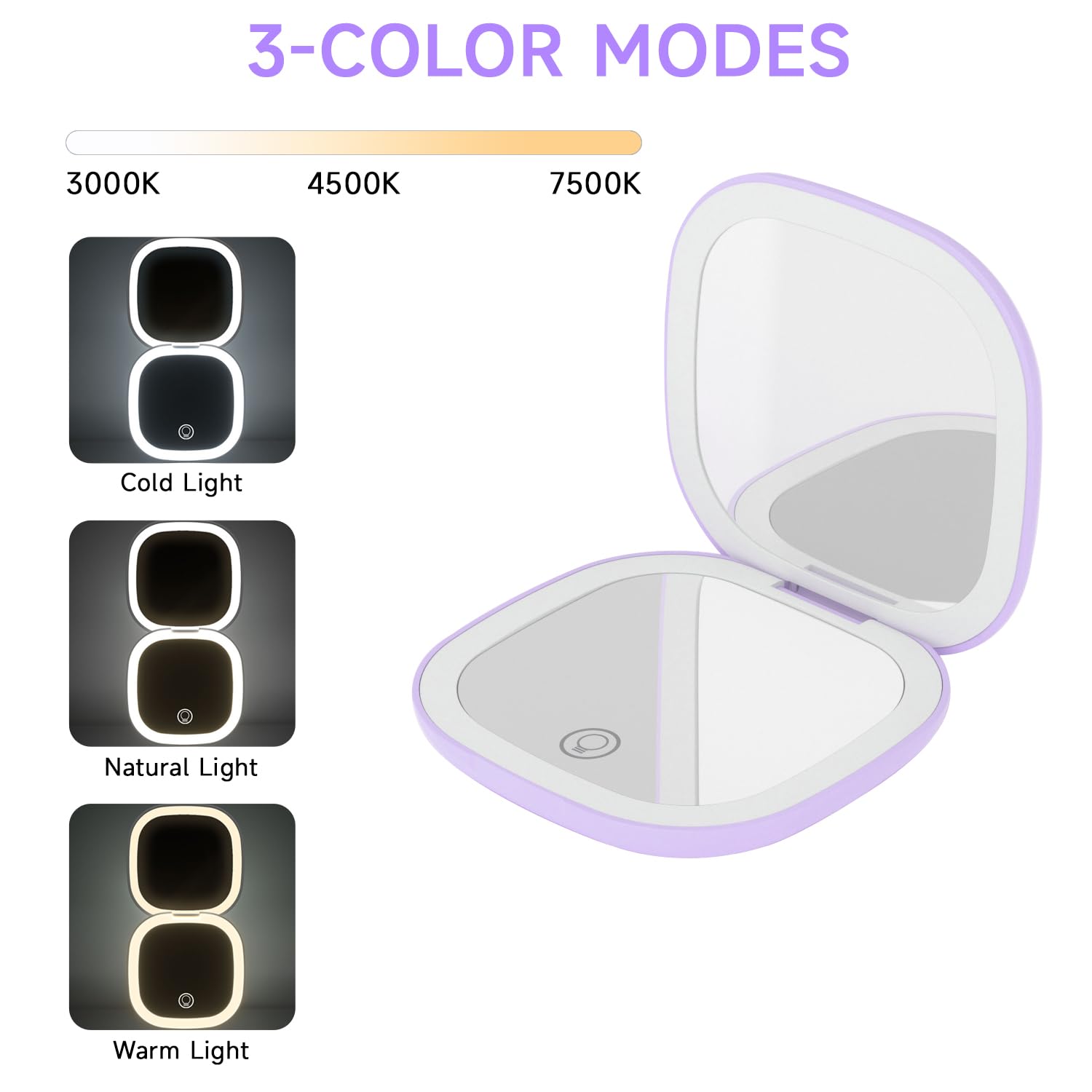 Espejo de Maquillaje Compacto con Luz LED 5X Recargable USB-C 3 Modos de Color Brillo Regulable Táctil