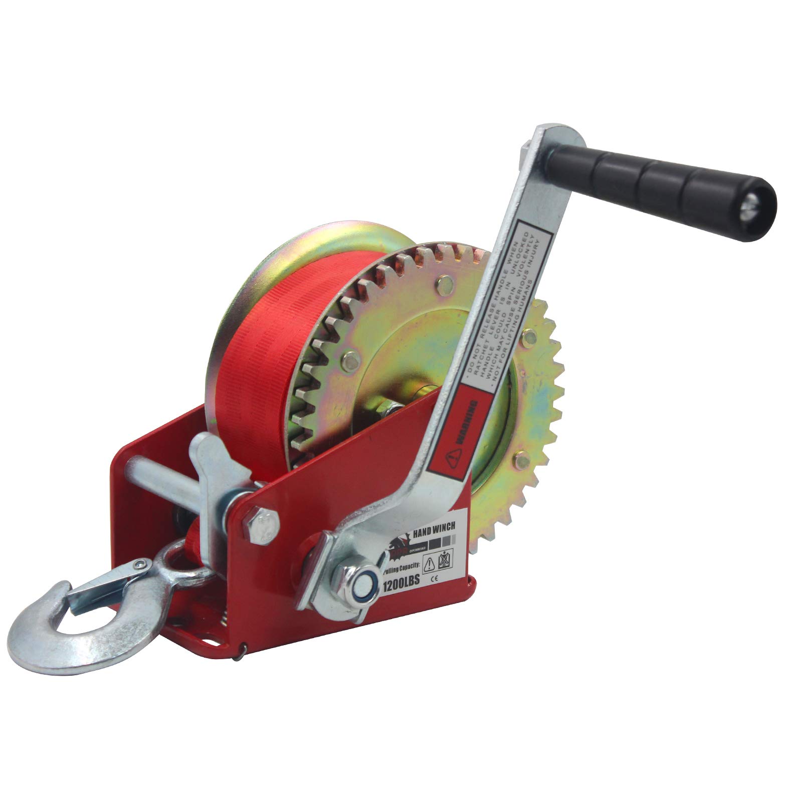 OPENROAD 1200lbs Hand Winch Boat Trailer Winch, with 10M (32ft) Strap Crank Hand Winch, Heavy Steel Structure Gear Towing Winch Manual Gear Winch ï¼Ë†Red 1200lbsï¼â€°