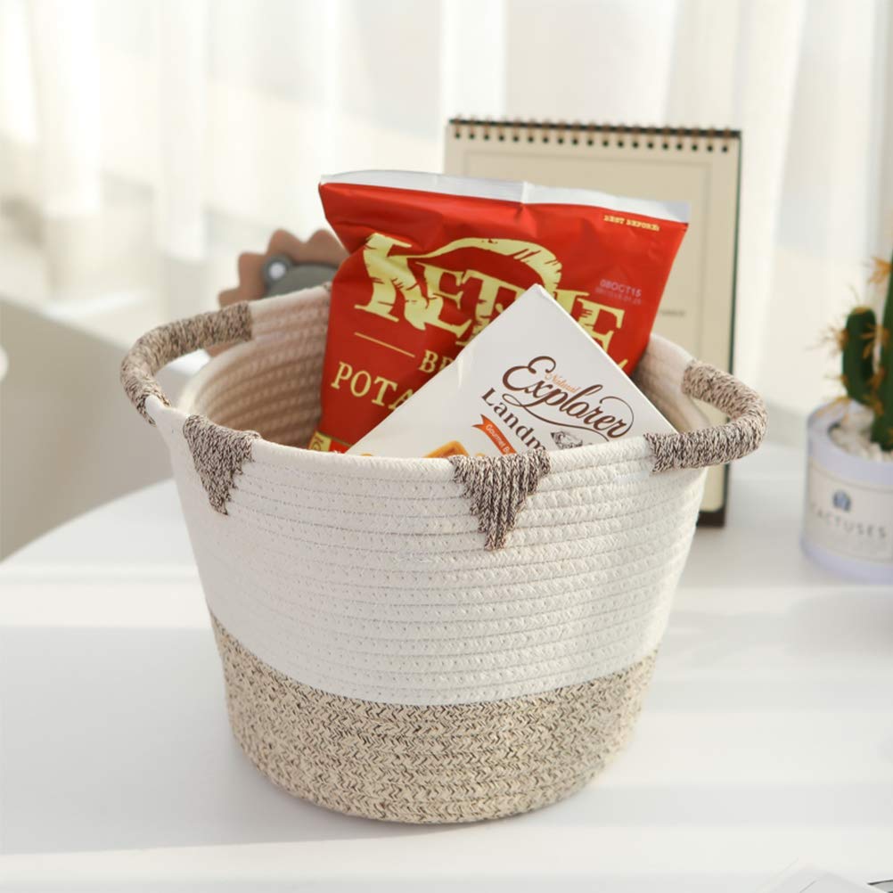OYHOMO Petit Panier de Rangement en Corde de Coton Tissé Boîte de Rangement Ovale Pliable avec Poignée - pour Organiser Étagères, Bureau, Placard - Blanc et Kaki, S OYHOMO Petit Panier de Rangement en Corde de Coton Tissé Boîte de Rangement Ovale Pliable avec Poignée - pour Organiser Étagères, Bureau, Placard - Blanc et Kaki, S