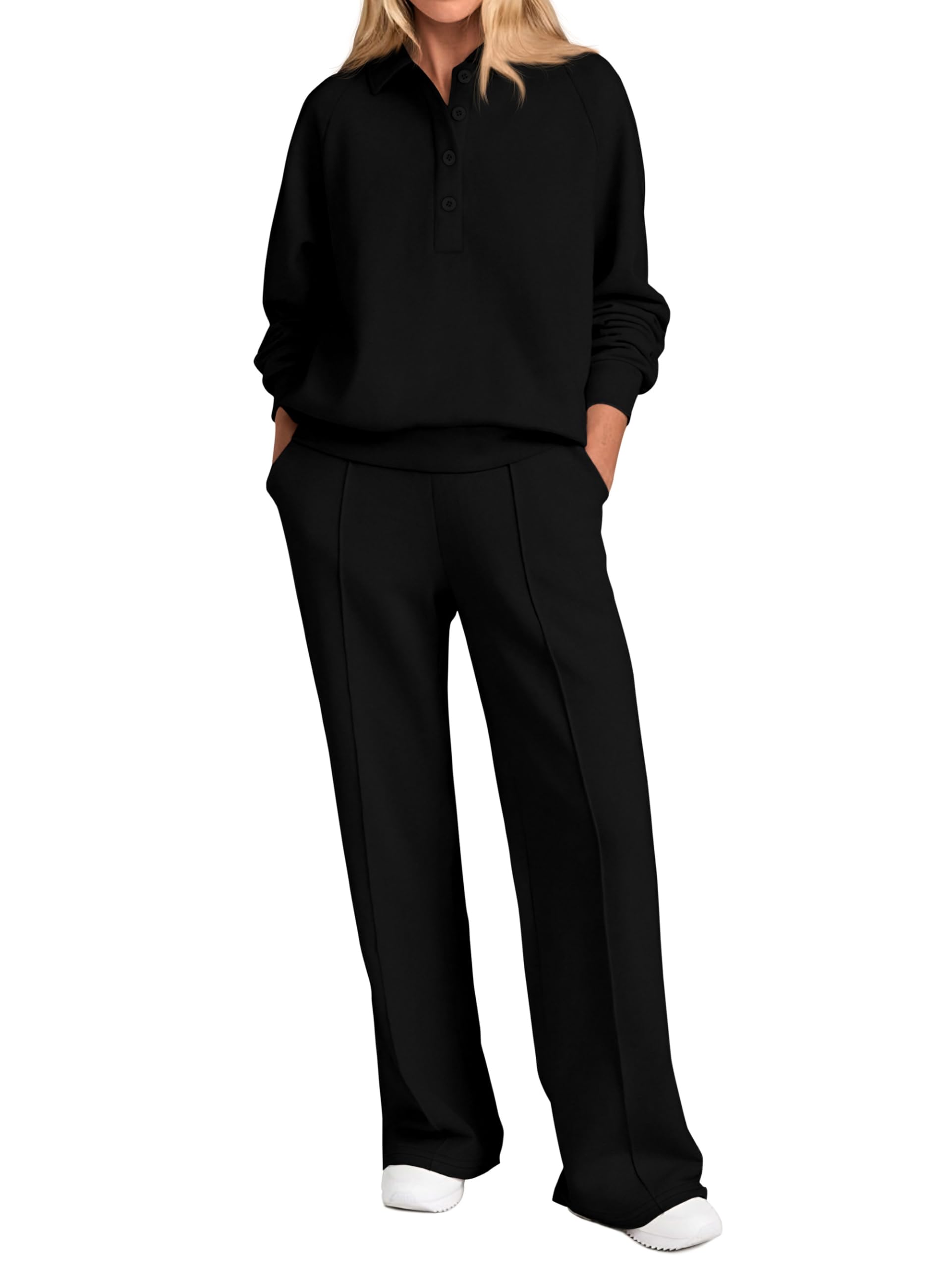 Photo 1 of PRETTYGARDEN Women Fall 2 Piece Outfits Sweatsuits Quarter Button Long Sleeve Sweatshirt Wide Leg Pants Tracksuit Lounge Sets(Black,Large)