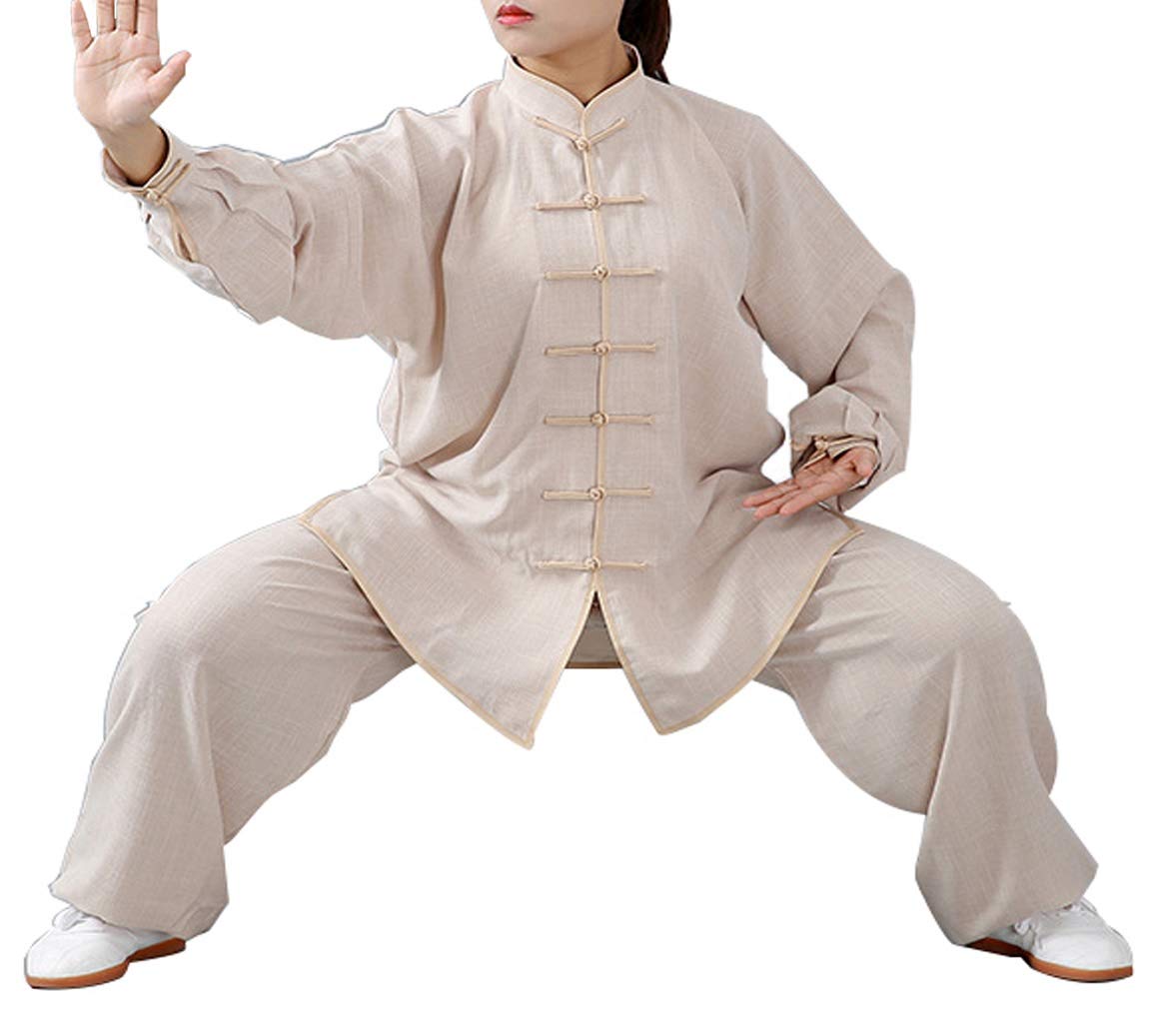 FUYUFU Coton et Lin Tenue de Tai Chi Unisexe Vêtements D’Arts Martiaux Kung-fu Costume pour Homme et Femme (Un Ensemble) (Kaki/Manches Longues, XS)