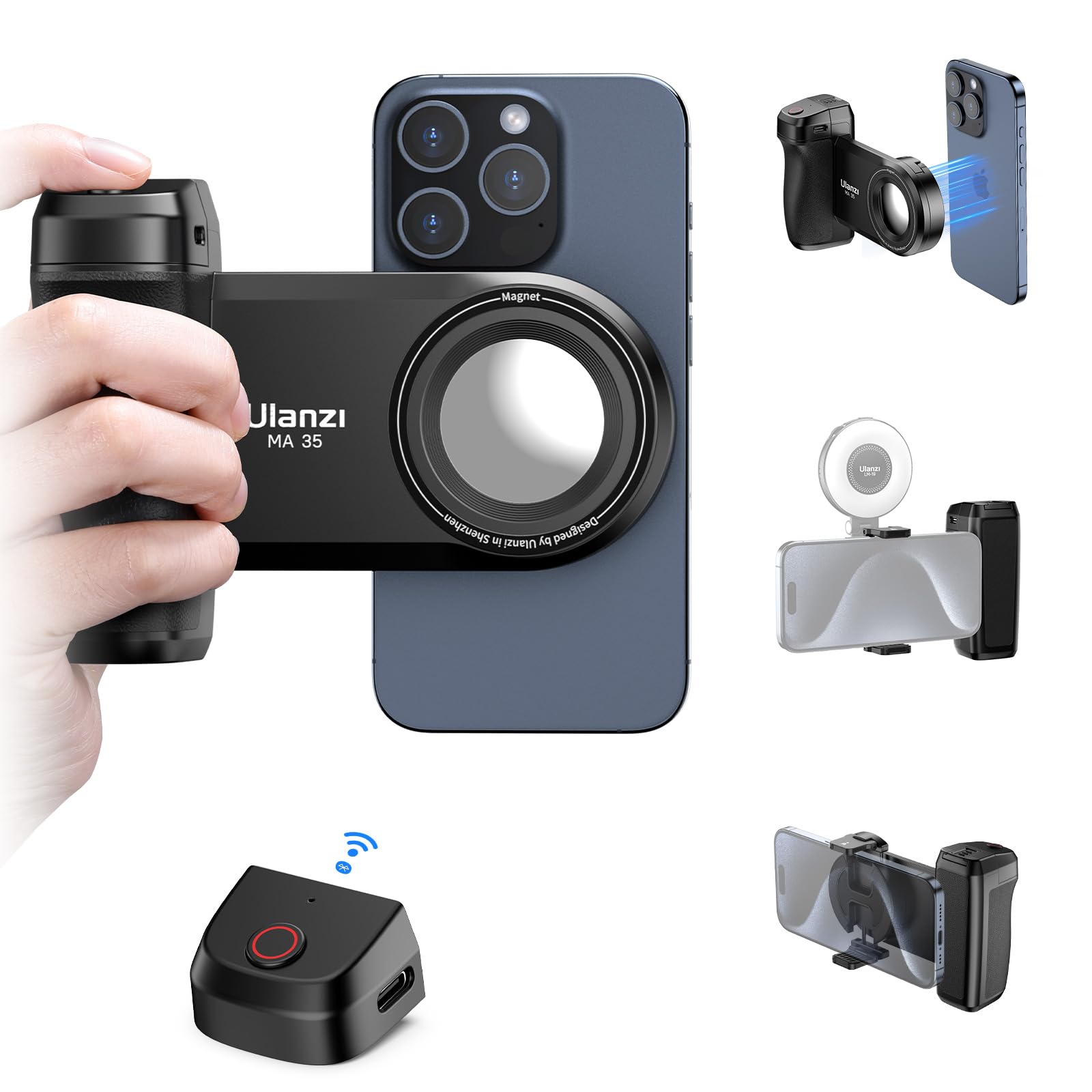 ULANZI MA35 Handle Grip Movil, 2 en 1 Magnético & Clip para Teléfono Soporte para Manija de Cámara con Obturador Remoto Desmontable con Adaptador de Zapata Fría para Selfie, Vlog, iPhone 17 16 15