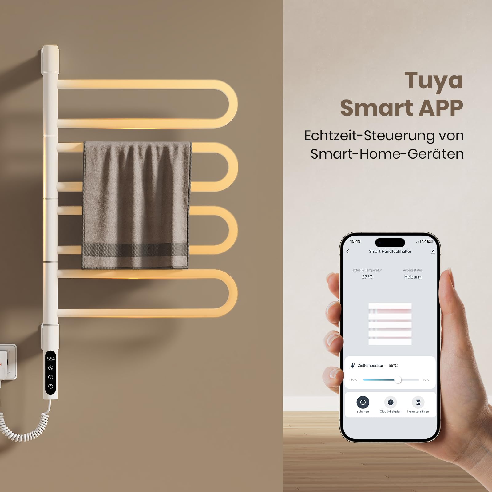 EMKE 180° Drehung Elektrischer Badheizkörper 78 x 43 cm, WiFi Smart Handtuchheizkörper Elektrisch, Handtuchtrockner Elektrisch Handtuchwärmer Badheizkörper Handtuchhalter Weiß 130W