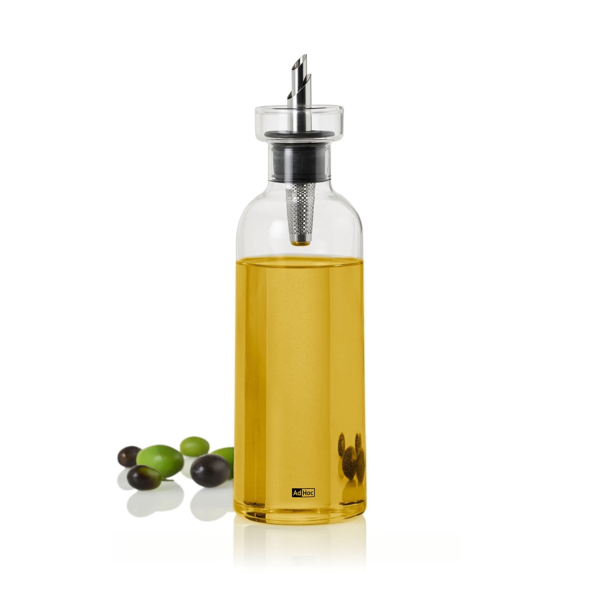 AdHoc BZ82 Set Ölspender oder Essigspender AromaPour aus Glas | elegante Olivenölflasche mit Ausgießer aus Edelstahl | ideal auch für Kürbiskern-Öl oder Essig | luftdicht, 500 ml
