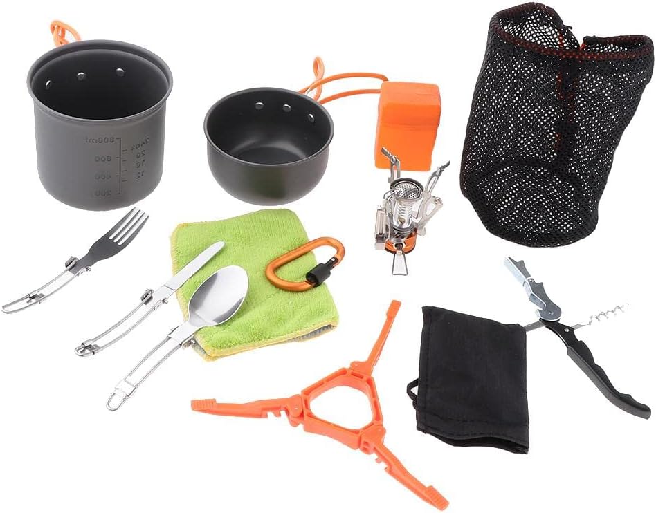 Non-Stick Camping Cookware Set Pot Pan Spoon Wine Opener Picnic BBQ Hiking Backpacking Stove Utensil - Orange