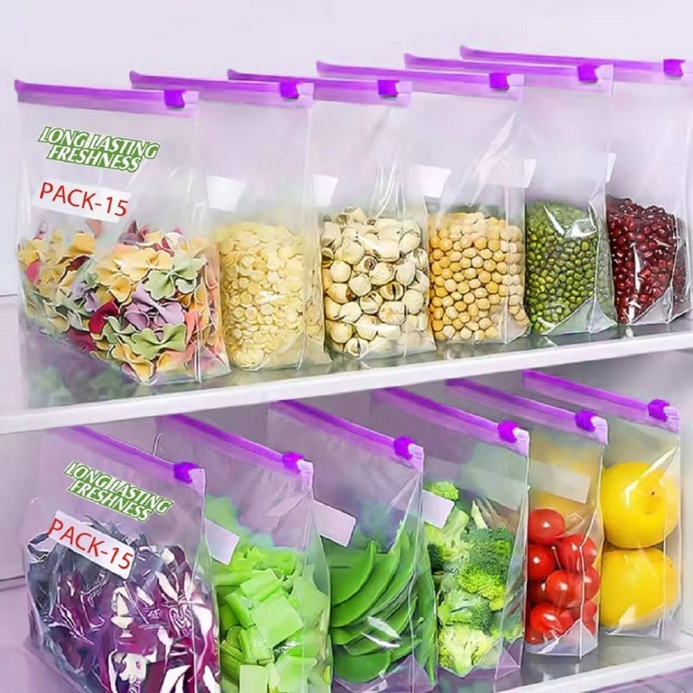MOBDESK 15 pcs Multi-Purpose Slider Zip lock Bags | Free Food Storage Pouch For Fruits/Dry-fruits/Vegetables Etc. Freezer bags are Washable, Transparent,leakproof, waterproof, & hygienic