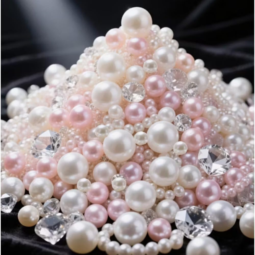 1250 Pcs Cream&Pink Polished Faux Diamond and Pearl Beads Vase Filler No Hole Glass Resin Pearls for Table Scatters Wedding Centerpiece Party DIY Home Decor (Pink, 4/6/8mm)