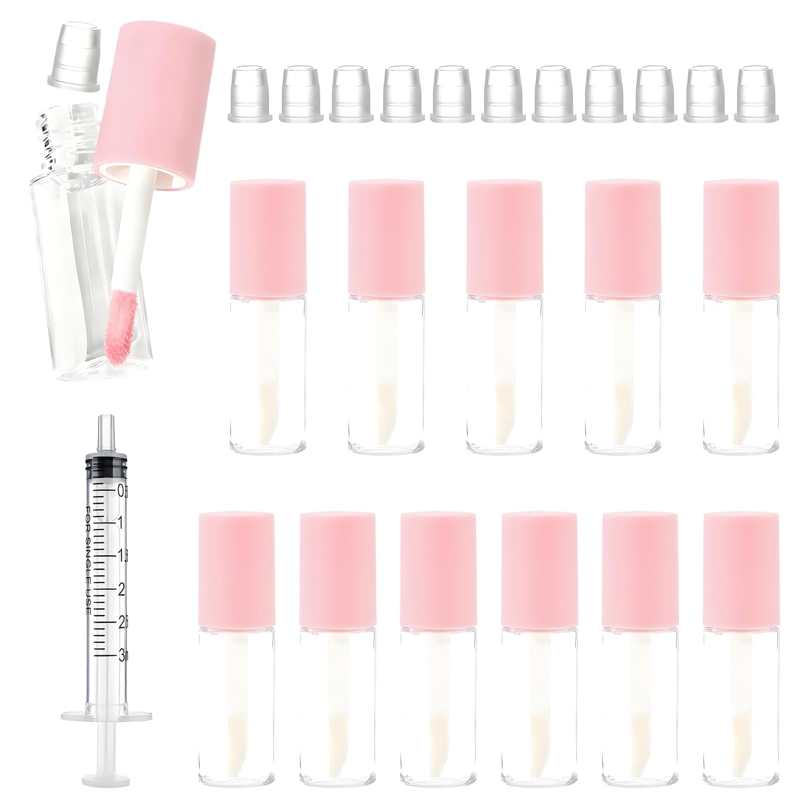 12 Pcs Empty Lip Gloss Tubes, 3ml Pink Round Lipgloss Tubes, Refillable Lip Gloss Containers, Makeup Containers Bottles, with 3ml Syringes, for Women (Pink)-image-3