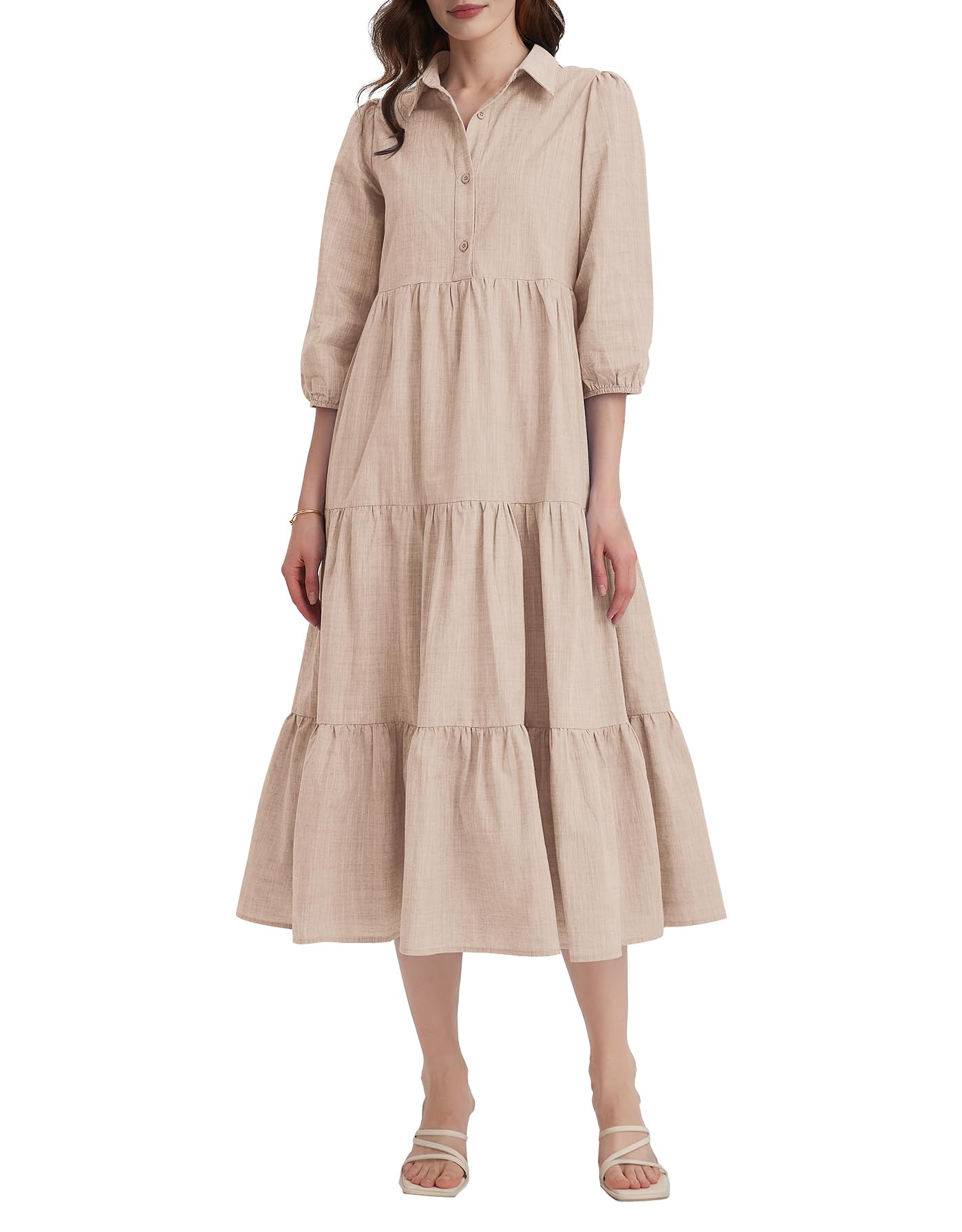 Womens 3/4 Sleeve Tiered Maxi Dresses Casual Button Down Tie Waist Flowy Shirt Midi Dresses Long Ruffle Sundress