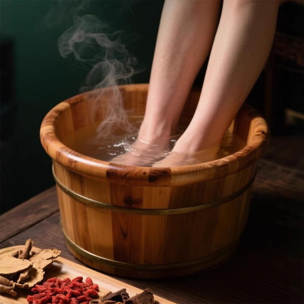 Bain De Pieds en Bois De 10,2 Pouces avec Couvercle, Équipé De Roues De Massage des Pieds Et d'un Robinet De Vidange, Petit Bain De Pieds en Bois Massif Soulage La Pression des Pieds