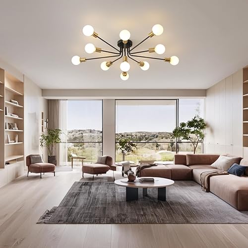 Miniatura 4 de Lámpara de techo Sputnik grande de 11 luces, color negro y dorado, lámpara de techo semiempotrada de metal moderno para sala de estar, dormitorio,