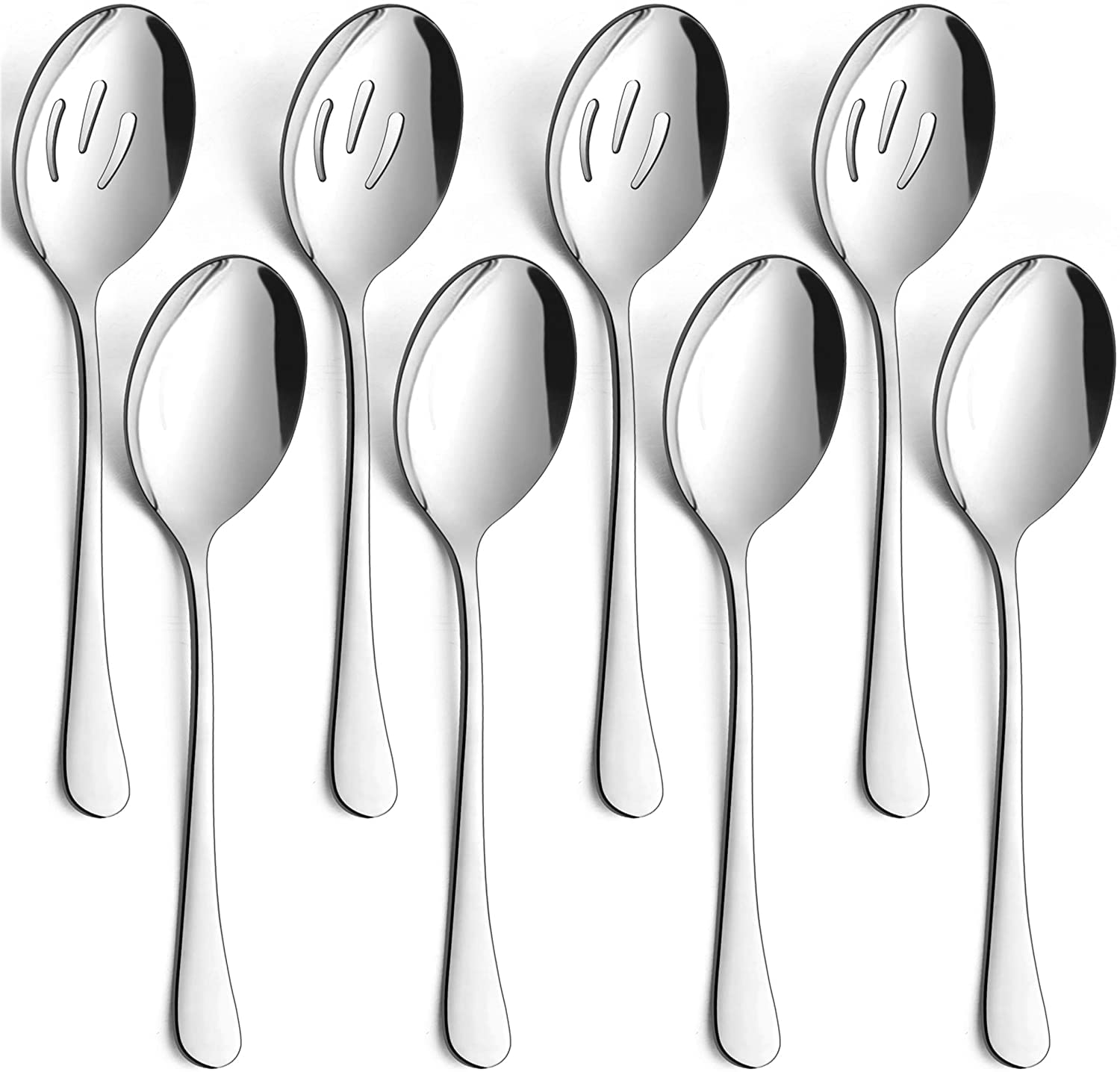Set da 8 cucchiai da portata grandi, 4 cucchiai da portata grandi, 4 cucchiai da portata scanalati, in acciaio inox per cene a buffet e ristorante, 20,5 cm (argento)