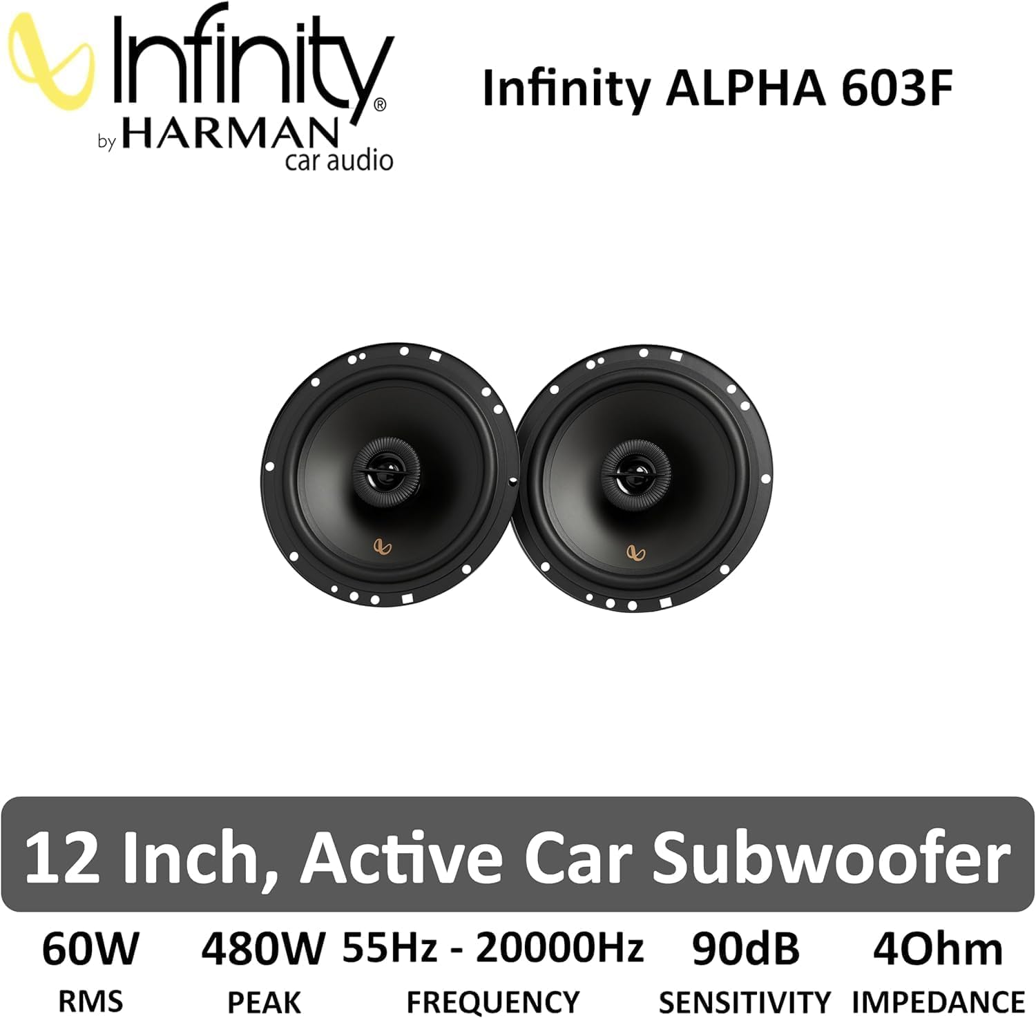 Infinity Alpha 603F Altavoces Coche 6.5 in 16.5 cm Coaxiales 2 Vias Auto | 60W RMS, 480W max, 90 dB - respuesta 55 Hz a 20 kHz - sonido de alto rendimiento - 165 mm sin rejilla, se entregan en pareja
