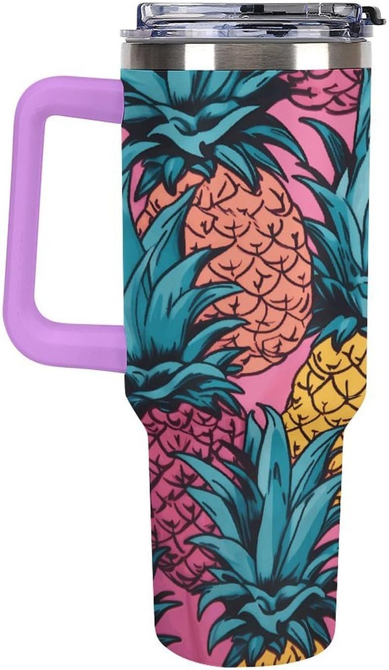 Large Car Cup with Handle&Lid Fashion Color Pineapple Tumbler Sturdy Insulated Water Bottle Stainless Steel Vacuum Travel Mug Portable Coffee Cup for Home Outdoor 40 Oz Violet-style
