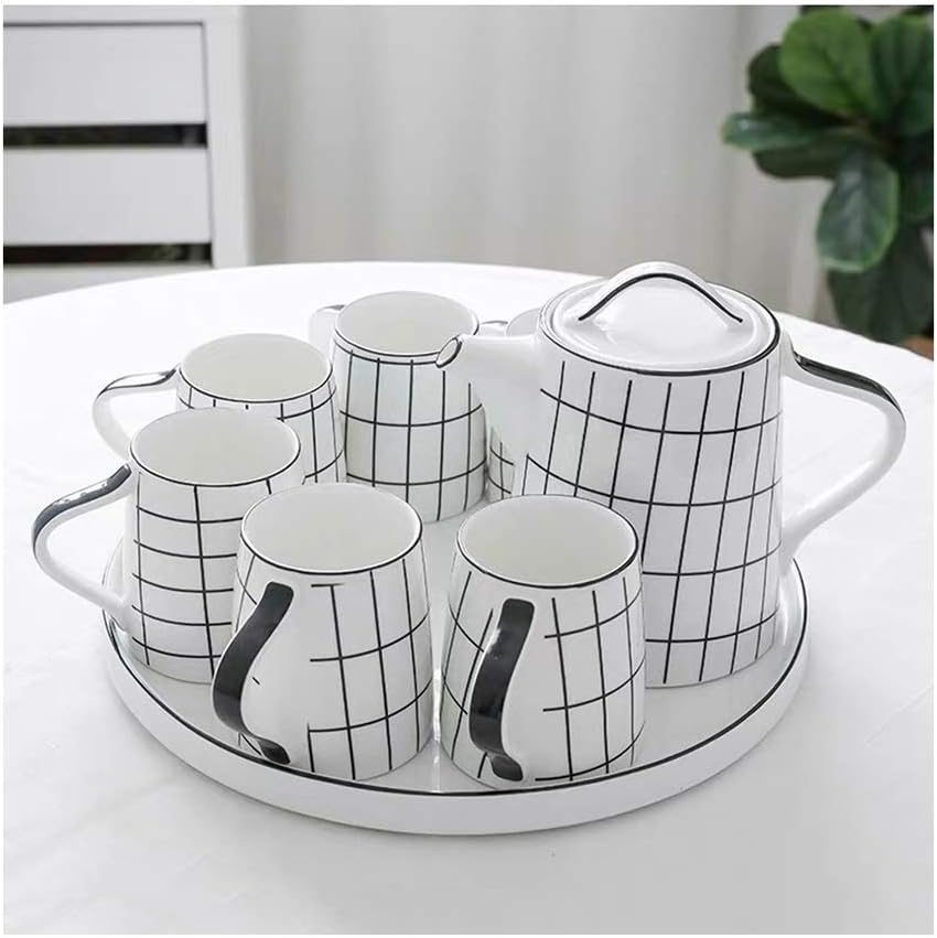 Ceramic Herbal Teapot Set Green Pattern with Infuser and 6 Cups Traditional Oriental Japanese Chinese Styling Teapots & Coffee Servers (Color : C, Size : 8pcs)