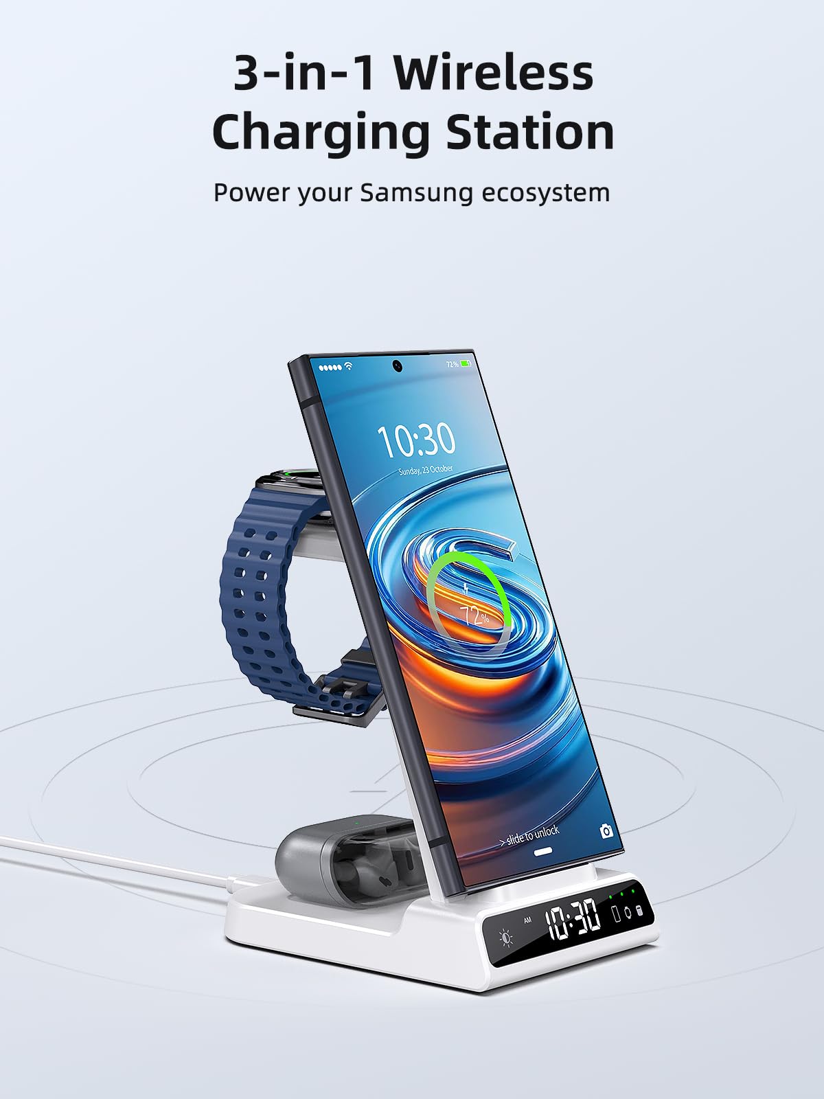 Caricatore Wireless Con Orologio Digitale per Samsung Galaxy S25 Ultra, Stazione di Ricarica Wireless per Galaxy Watch Ultra 8/7/6, Caricatore Wireless per S24 Ultra Z Fold 6/Z Flip 6,Galaxy Buds 2