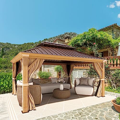 YOLENY 12' x 14' Hardtop Gazebo, Wooden Finish Coated Aluminum Frame Gazebo with Galvanized Steel Double Roof, Outdoor Permanent Metal Pavilion with Curtains and Nettings for Patio, Lawn & Garden - Image 9