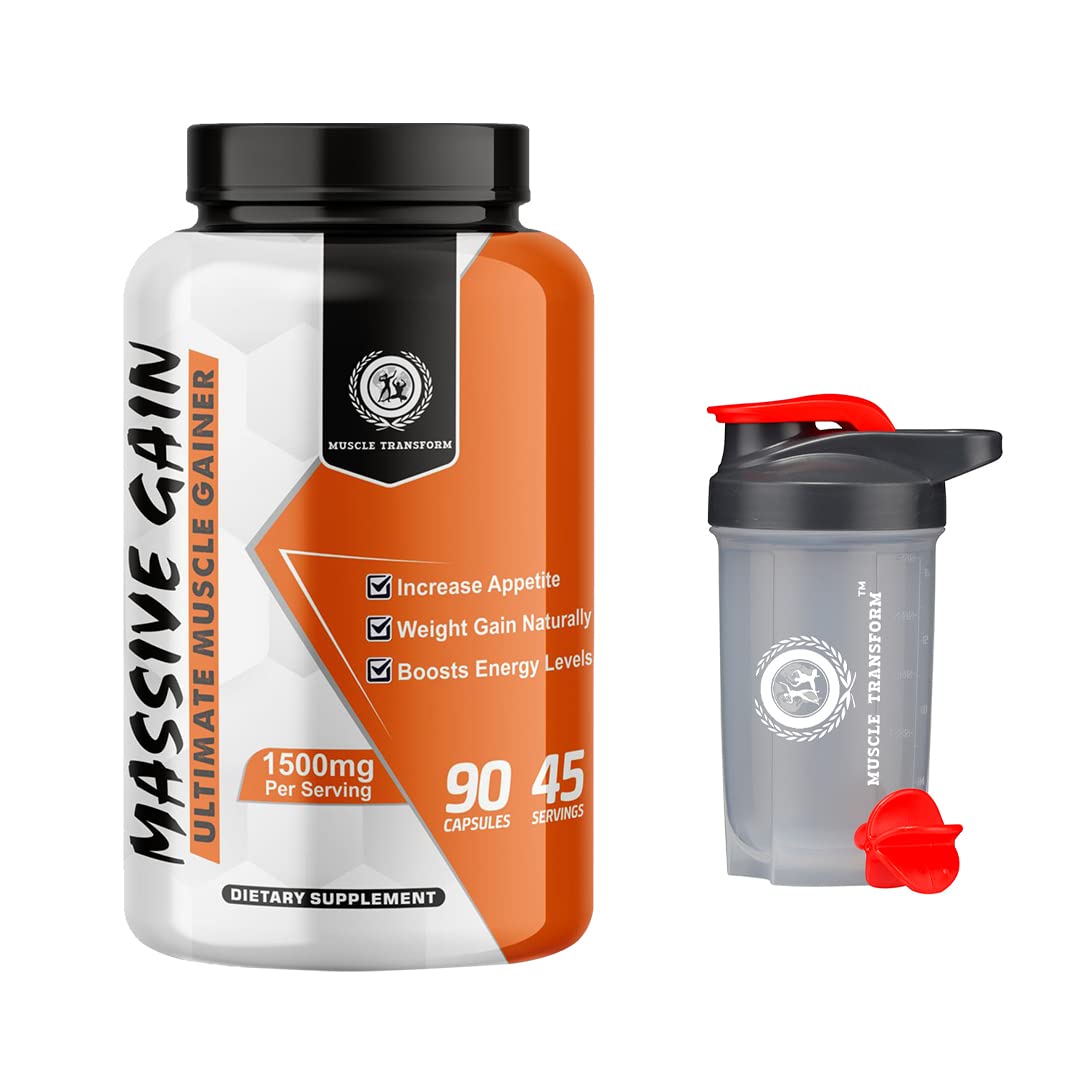 Bulk Gain Mass & Weight Gainer Capsule Fast Weight & Muscle Gain,Daily Muscle Building Weight Lifters Supplement for Muscle Growth, Stamina & Strength-Men & Women,90 Cap | Free Shaker