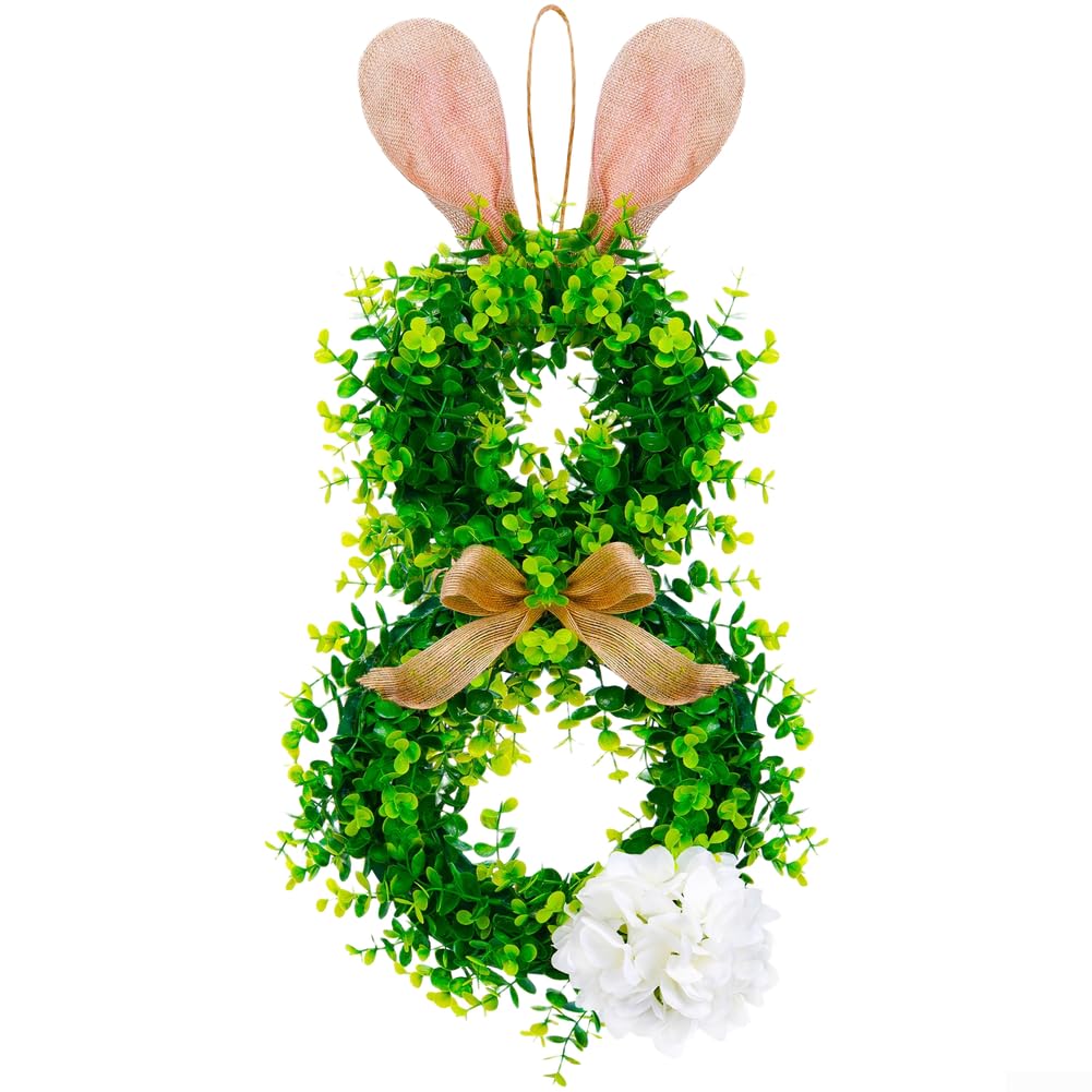 Couronne de Pâques artisanale avec détails floraux et oreilles de lapin en tissu