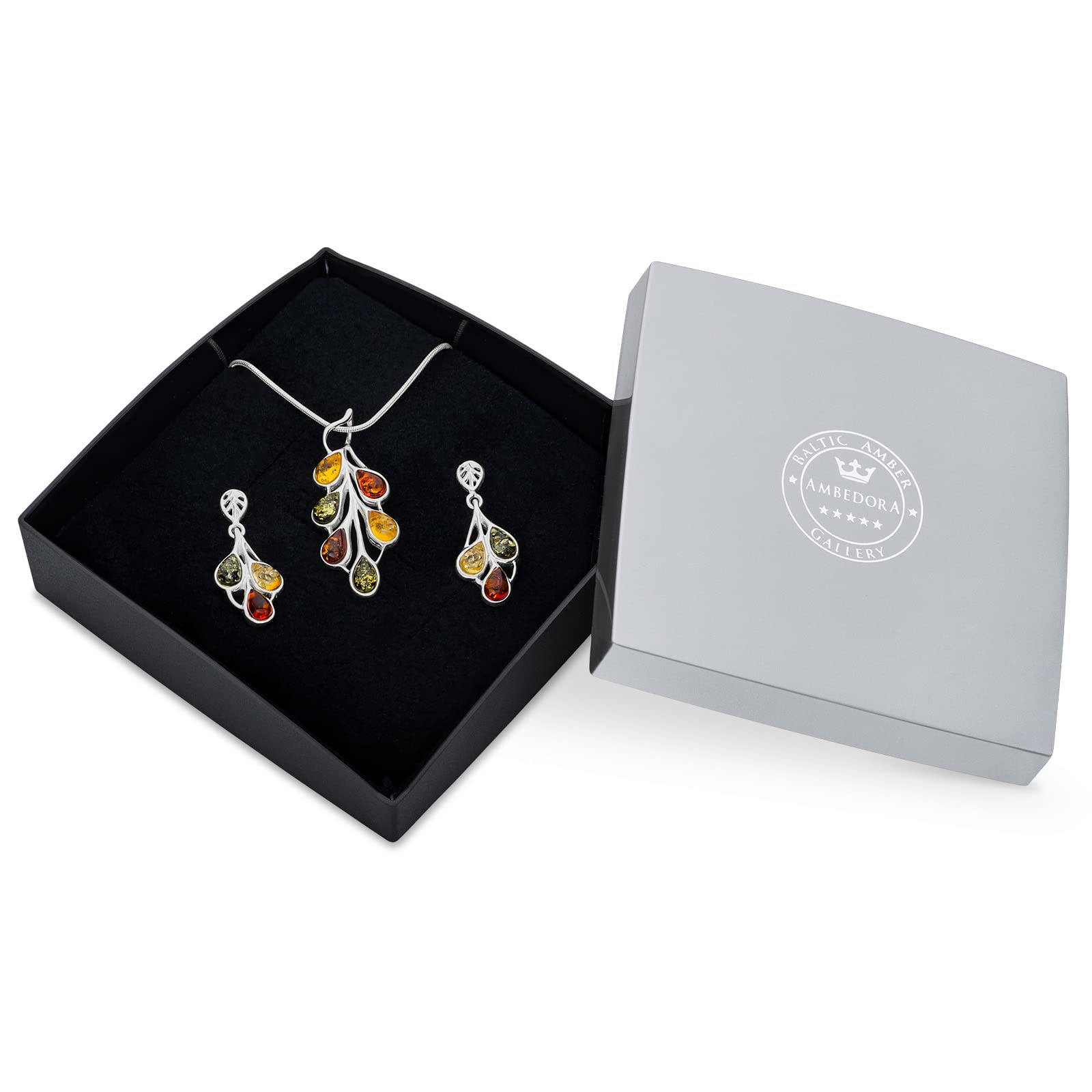 Piccolo set di gioielli da donna Amber 458, ciondolo con collana e orecchini, ambra baltica colorata, argento sterling 925, idea regalo
