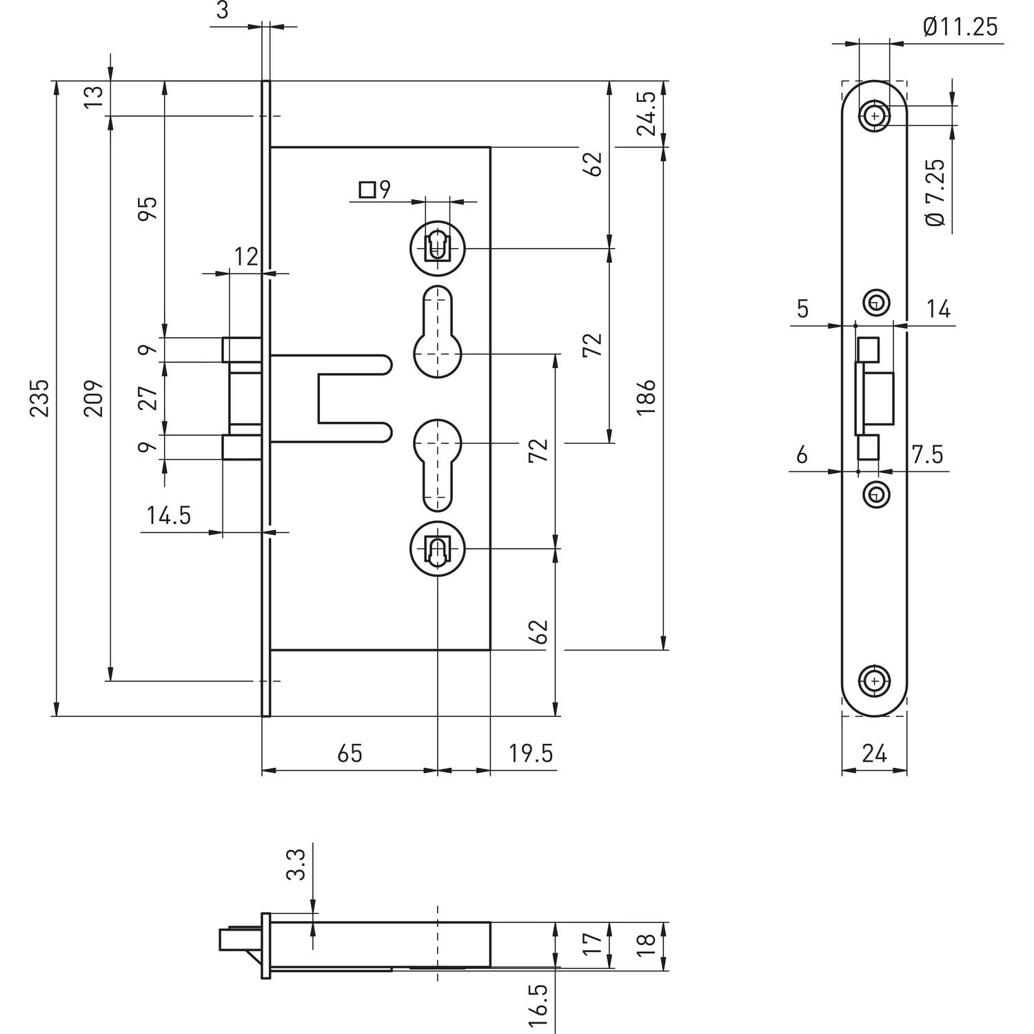 BMH 1758.00007 DM65 PZ72 Serrure de porte d'évasion universelle à 1 vantail 24 mm sans trous de rosette, acier inoxydable 1758 Argenté