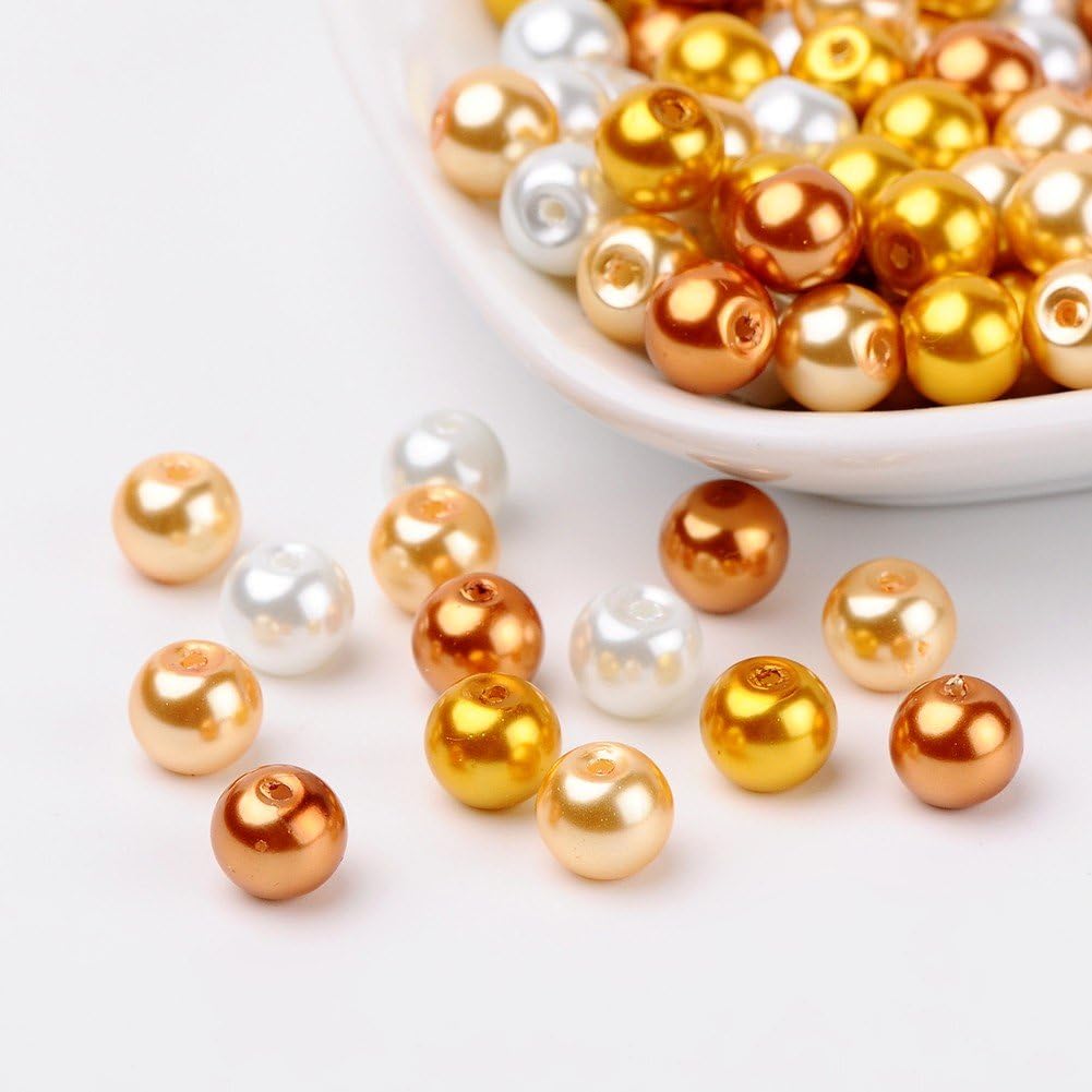 About 100pcs Lavender Garden Mix Pearlized Glass Pearl Beads,8mm Caramel White Gold Purple Loose Spacer Beads for Jewelry Making for DIY Bracelet Necklace Earrings, Hole: 1mm