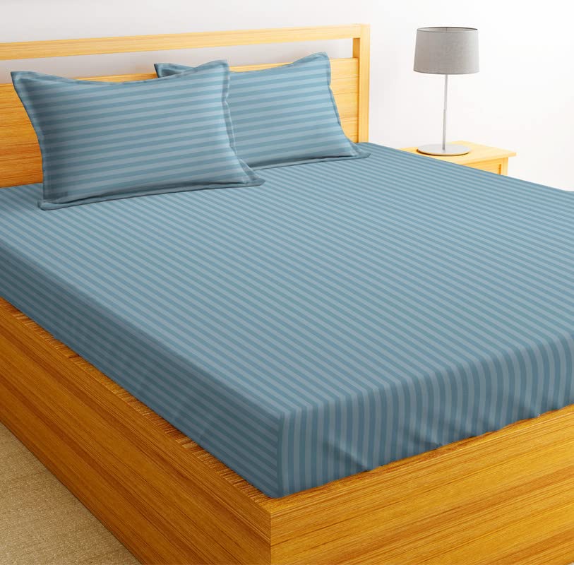 Image of BSB HOME 210 TC Premium Glace Cotton Striped /Lining Plain Bedsheet for Double Bed King Size with 2 Pillow Covers for Home-Hotels-Guest House- Sky Blue or Aqua