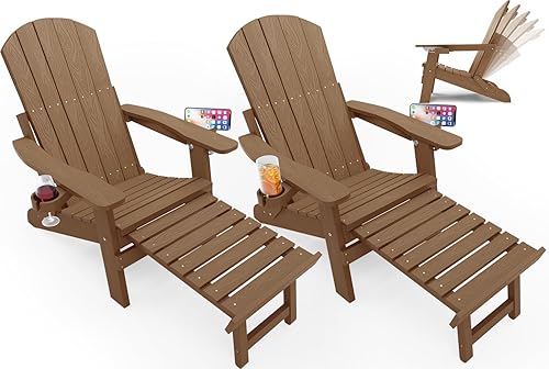 Miniatura 40 de YEFU Juego de 4 sillas Adirondack ajustables con reposapiés, sillas Adirondack ajustables de 5 niveles con otomana retráctil y 2 portavasos, sillas