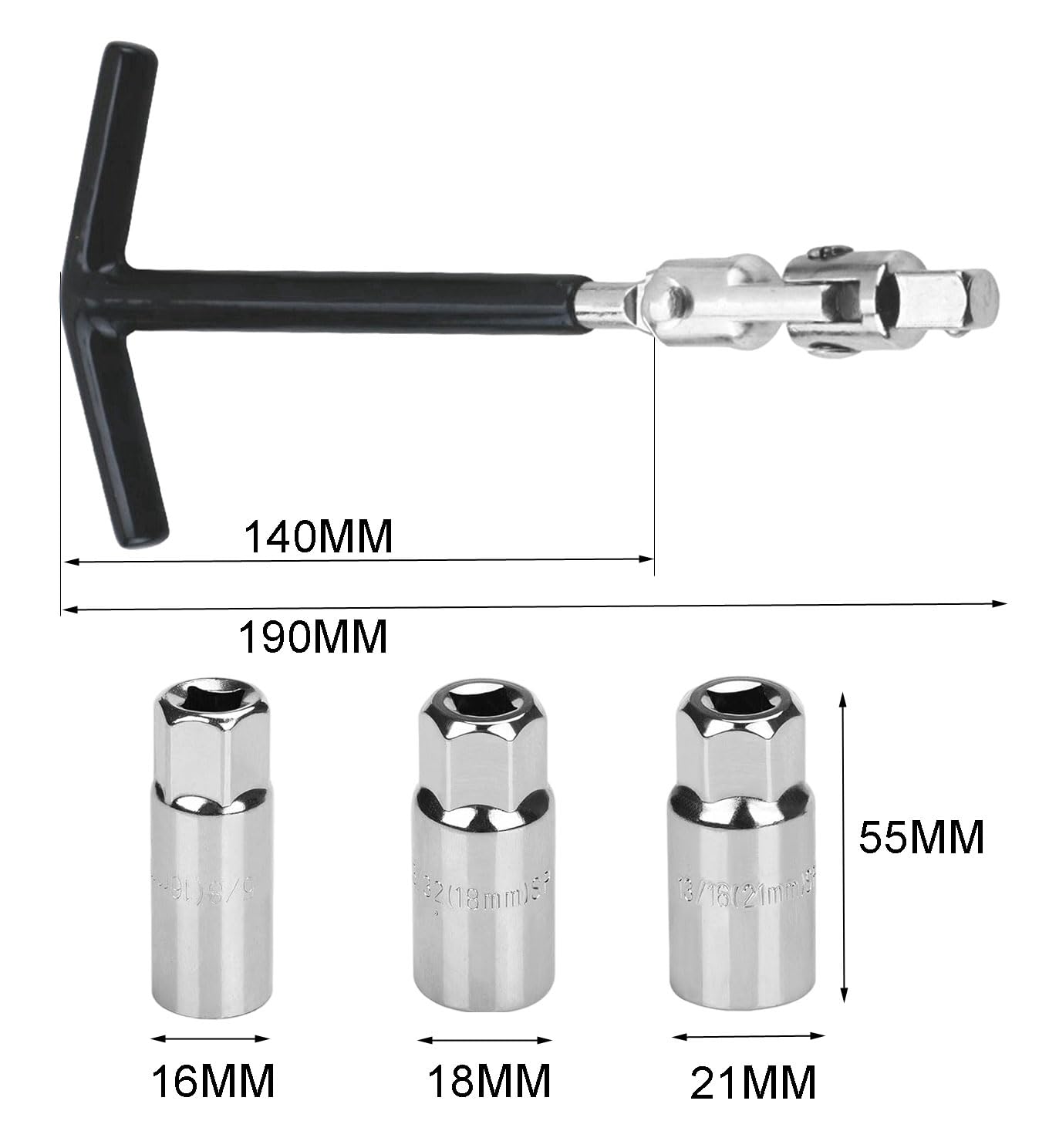 4 stuks bougiesleutel, universeel, bougieverwijderaar, 16 mm, 18 mm, 21 mm, bougiesleutelset (met verlenging), bougiedemontagegereedschap, T-greep bougies, steeksleutel, voor auto, motorfiets