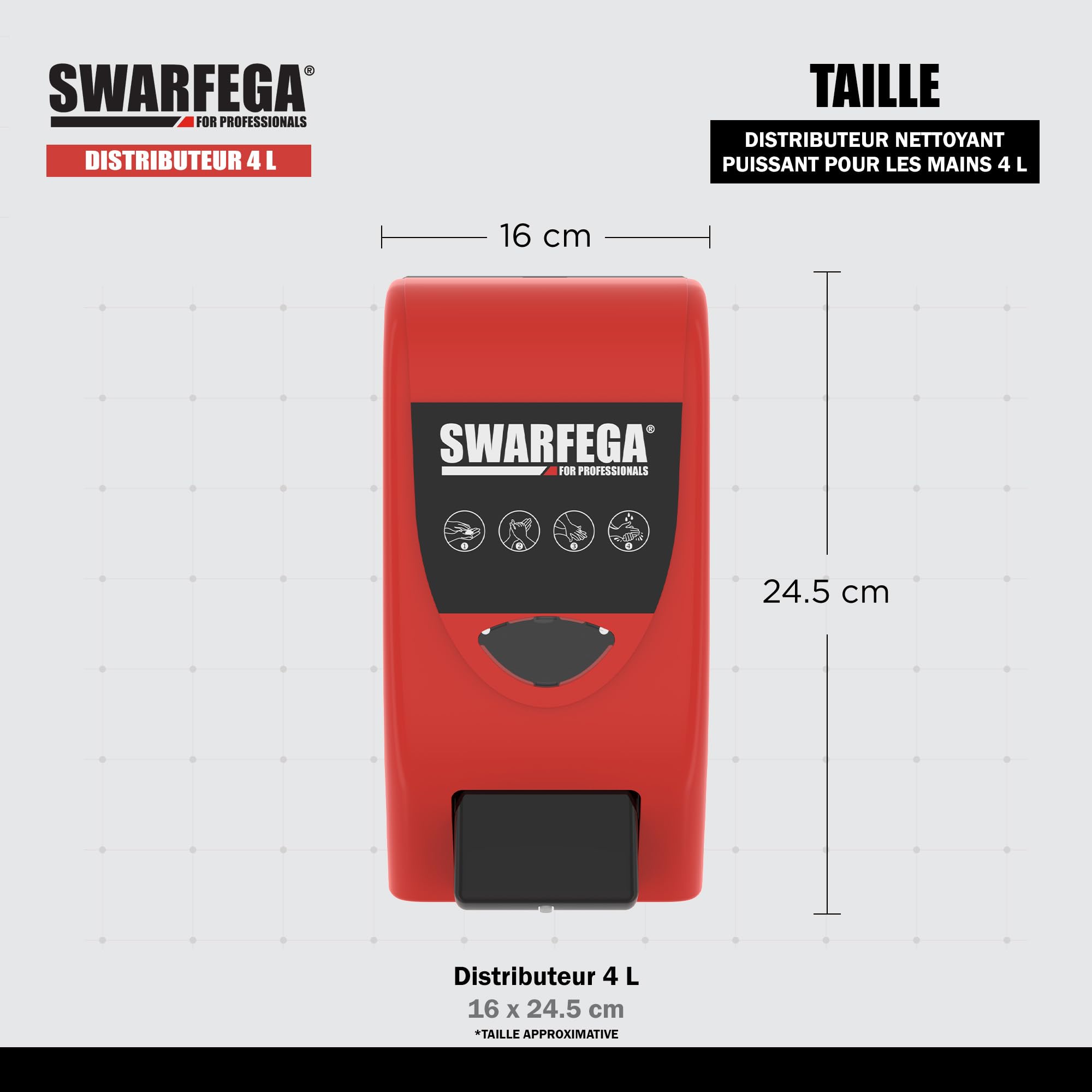 Swarfega Distributeur Mural pour Nettoyant Mains – Plastique Robuste – Facile à Installer – 4 litres – Réservé à Un Usage Professionnel
