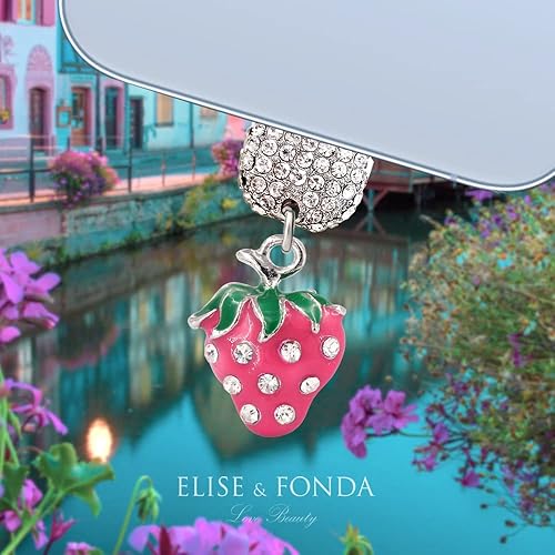 Miniatura 2 de ELISE & FONDA CP446 Puerto de carga USB Crystal Anti Dust Plug Little Strawberry Phone Charm para iPhone 13/12/11/XS MAX/XR/X/8 Plus/7/6S/8/SE iPad