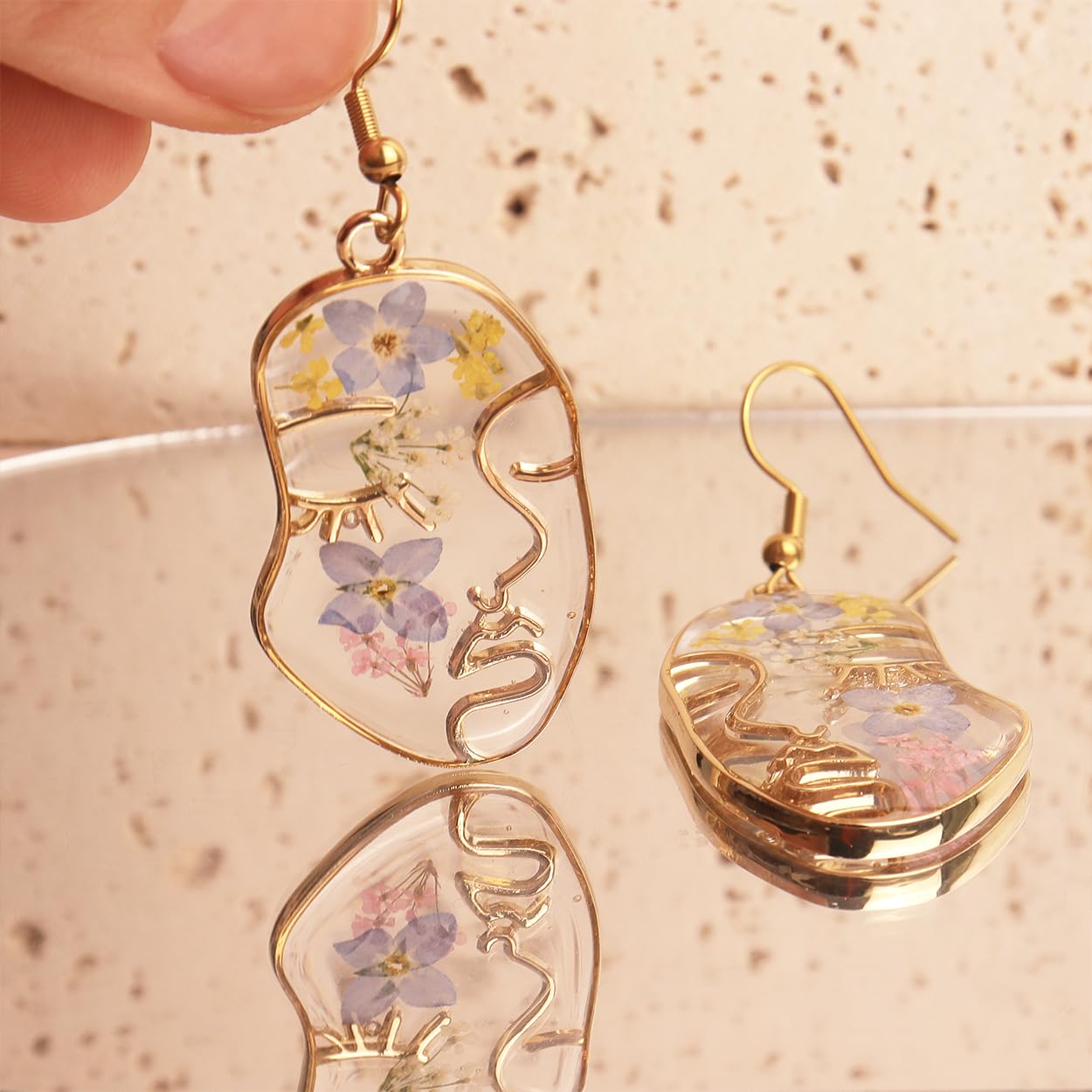 JeanBeau Pressed Flower Abstract Face Art Earrings For Women Teen Handmade Unique Resin Dried Flowers Gold Teardrop Dangle Drop Nature Floral Earings Fashion Summer Jewelry Gift, Resin, No Gemstone