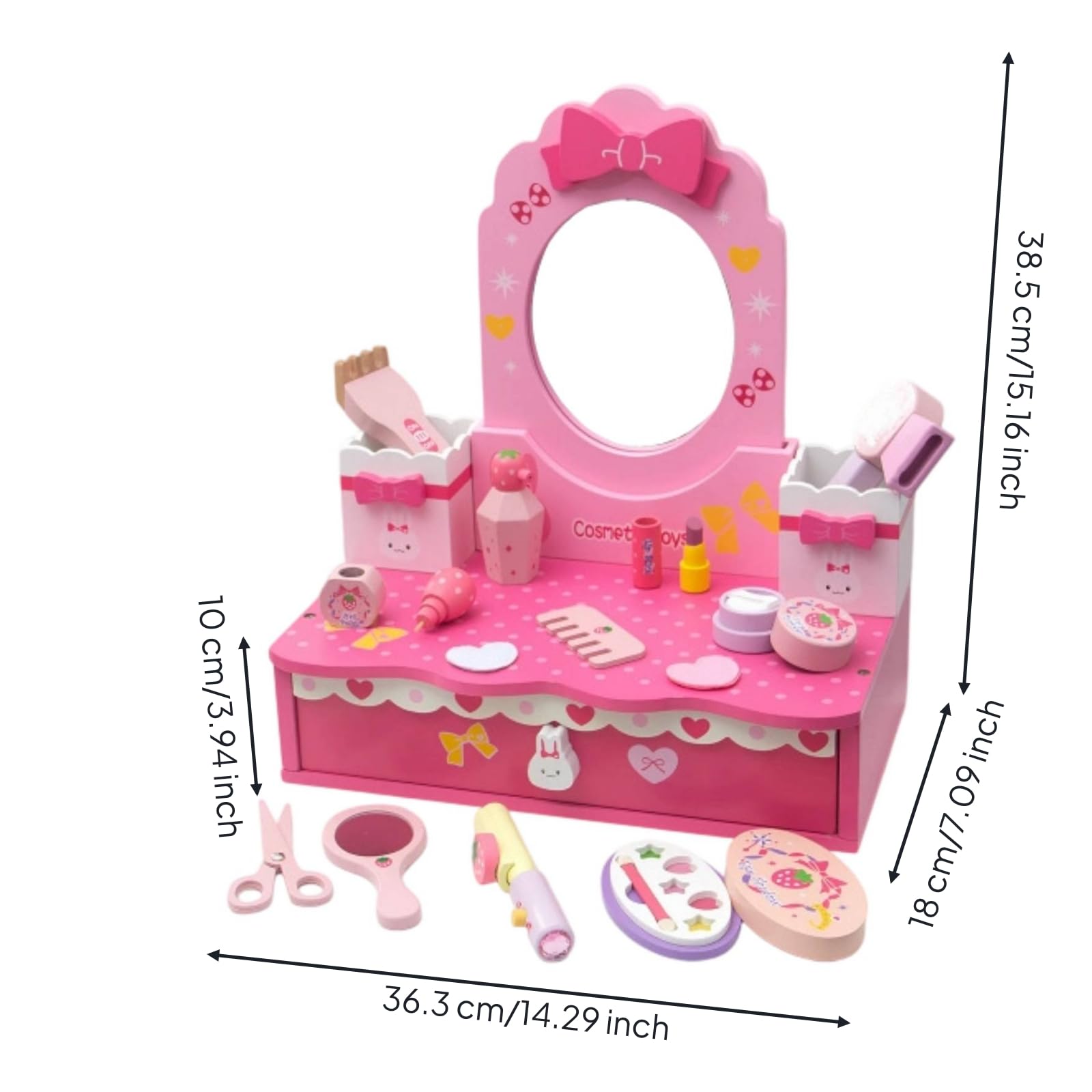 MagiDeal Tocador de Juguete con Espejo y Cajones para Niñas Pequeñas Madera Estable Diseño Clásico Compartimentos Juego de Maquillaje Fomenta