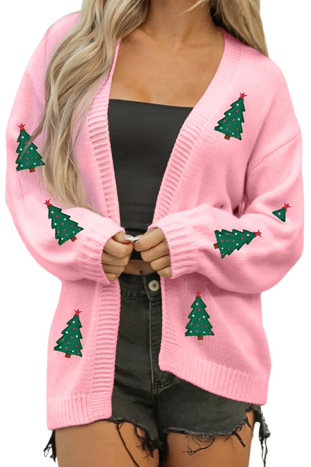 SELINK Womens Casual Christmas Print Cardigan Sweater Open Front Drop Shoulder Midi Solid Long Sleeve Daily Outwear
