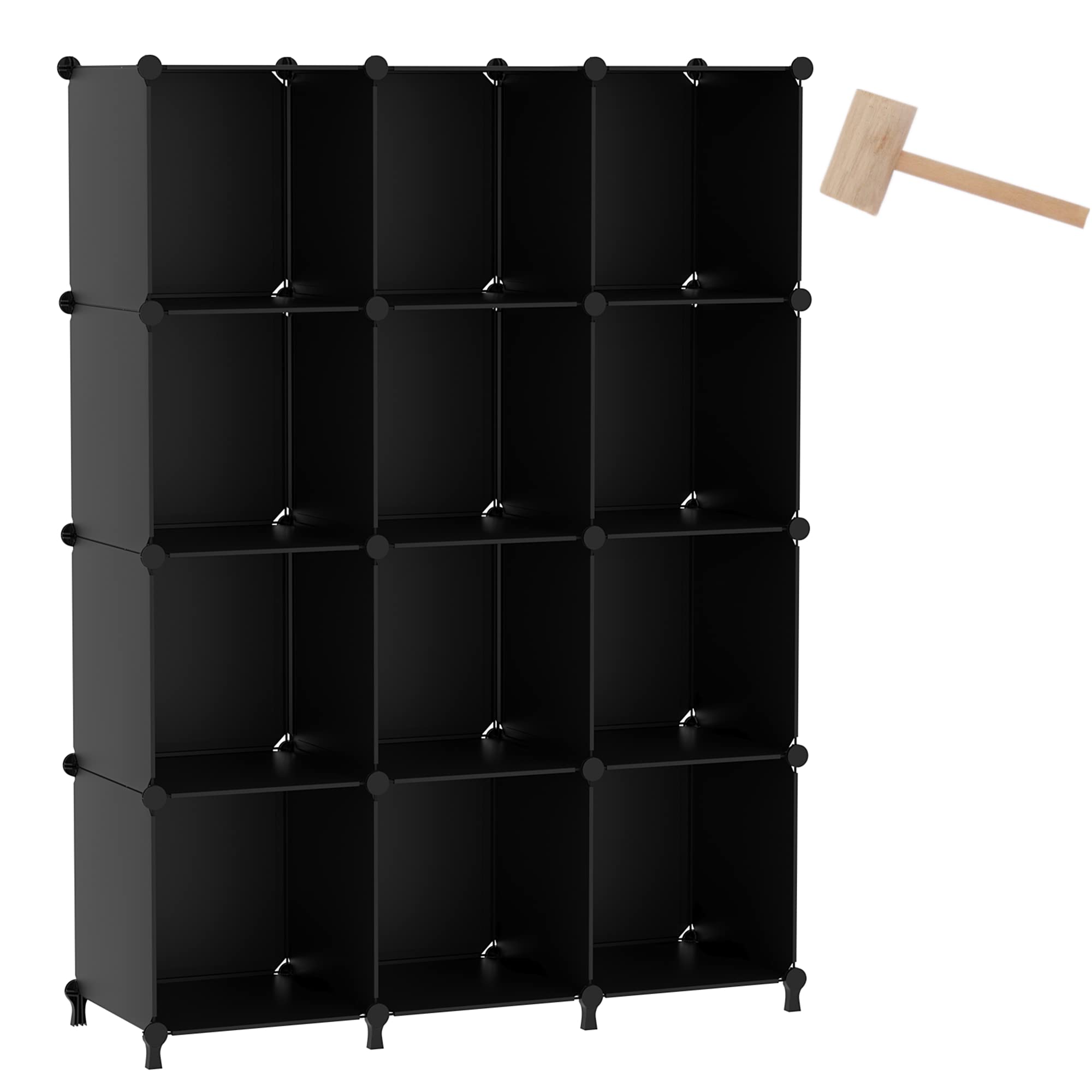 AWTATOS Cube Storage Organizer Modular Storage 12 Cube Bookshelf DIY Plastic Closet Storage Shelves with Wooden Mallet, Ideal Storage Solution for Home, Office, Bedroom, Black