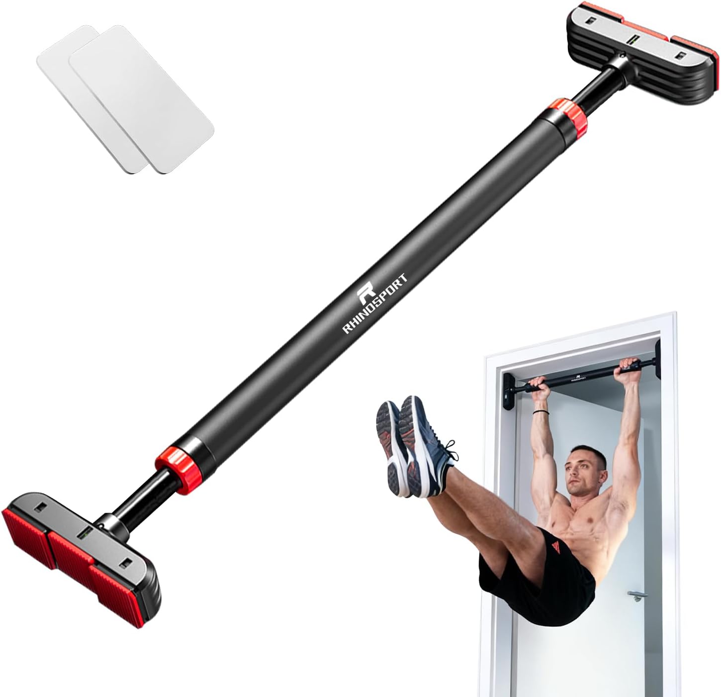 RHINOSPORT Door Pull Up Bar Doorway No-Screw from 69-92 cm (27.1in-36.2in) Workout Equipment for Home Gym Upper Body Workout Non-slip 2x EXTRA Foam Padding for Ultimate Door Frame Protection