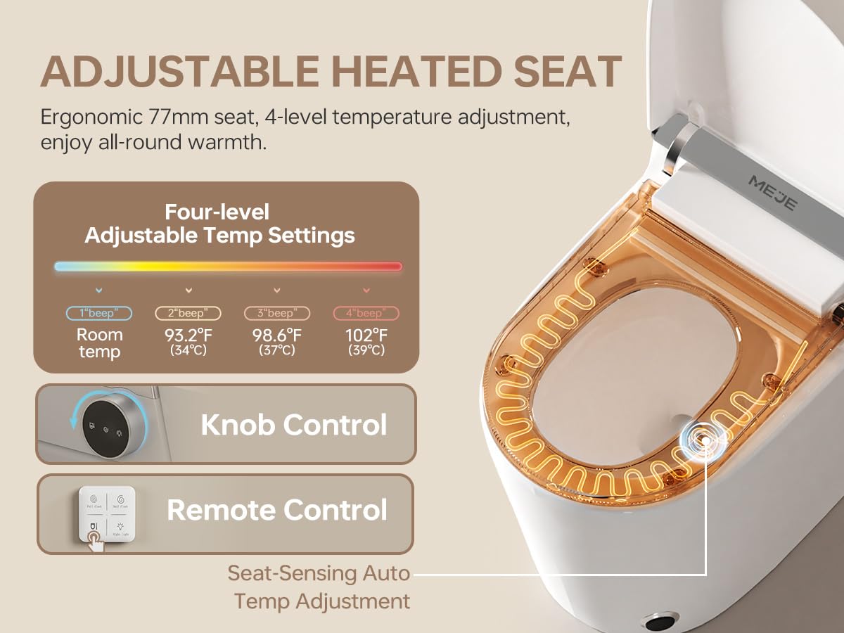 MEJE Inodoro automático inteligente con asiento de inodoro con calefacción, doble descarga integrada, drenaje de pared, lavado de pies, calefacción de asiento, mando a distancia, luz nocturna, color