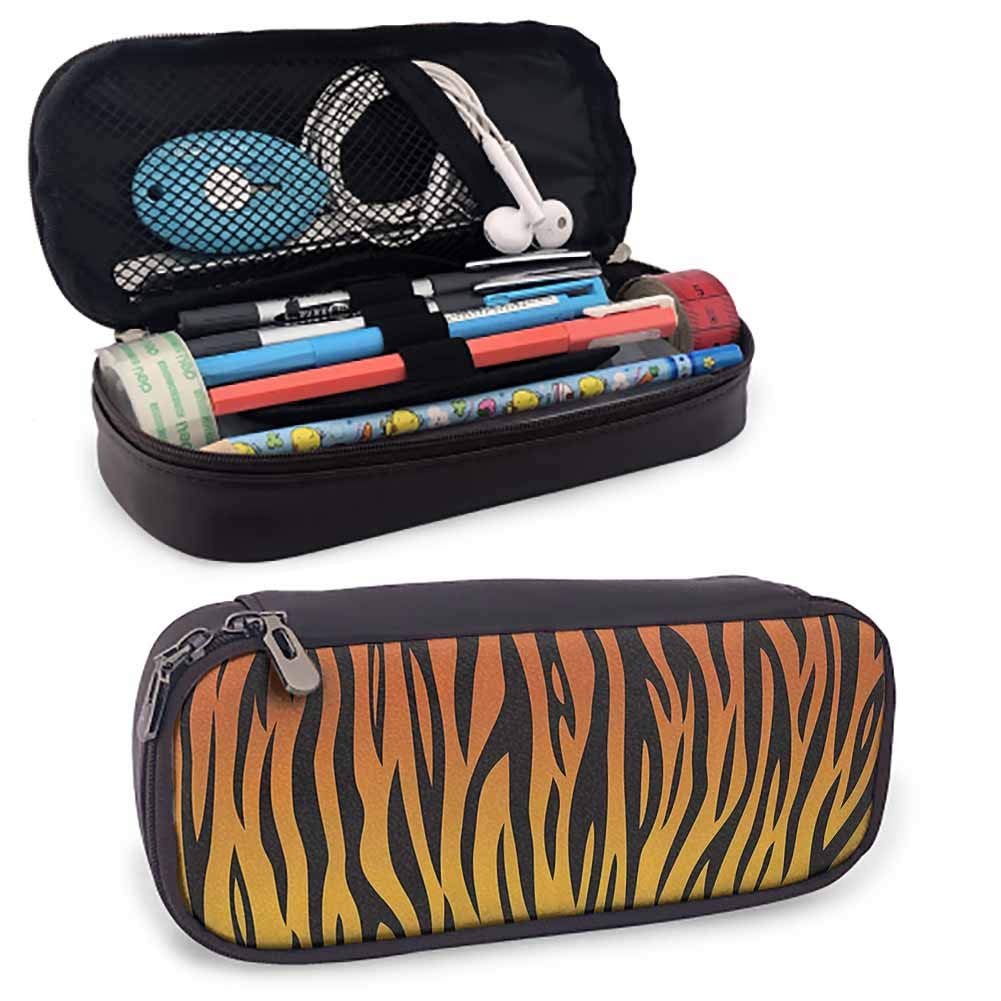 Animal Print Collection Pencil Case Vertical Curvy Lines Stripped Tiger Skin Pattern Artful Design Illustration for Student Office College Middle School High School Orange Black