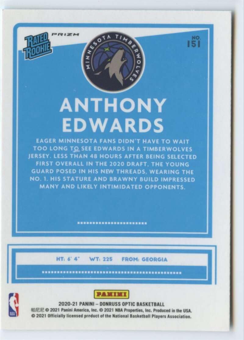 2020-21 Donruss Optic Prizm Pulsar #151 Anthony Edwards Minnesota Rated Rookies Basketball (RC - Rookie Card) NM-MT