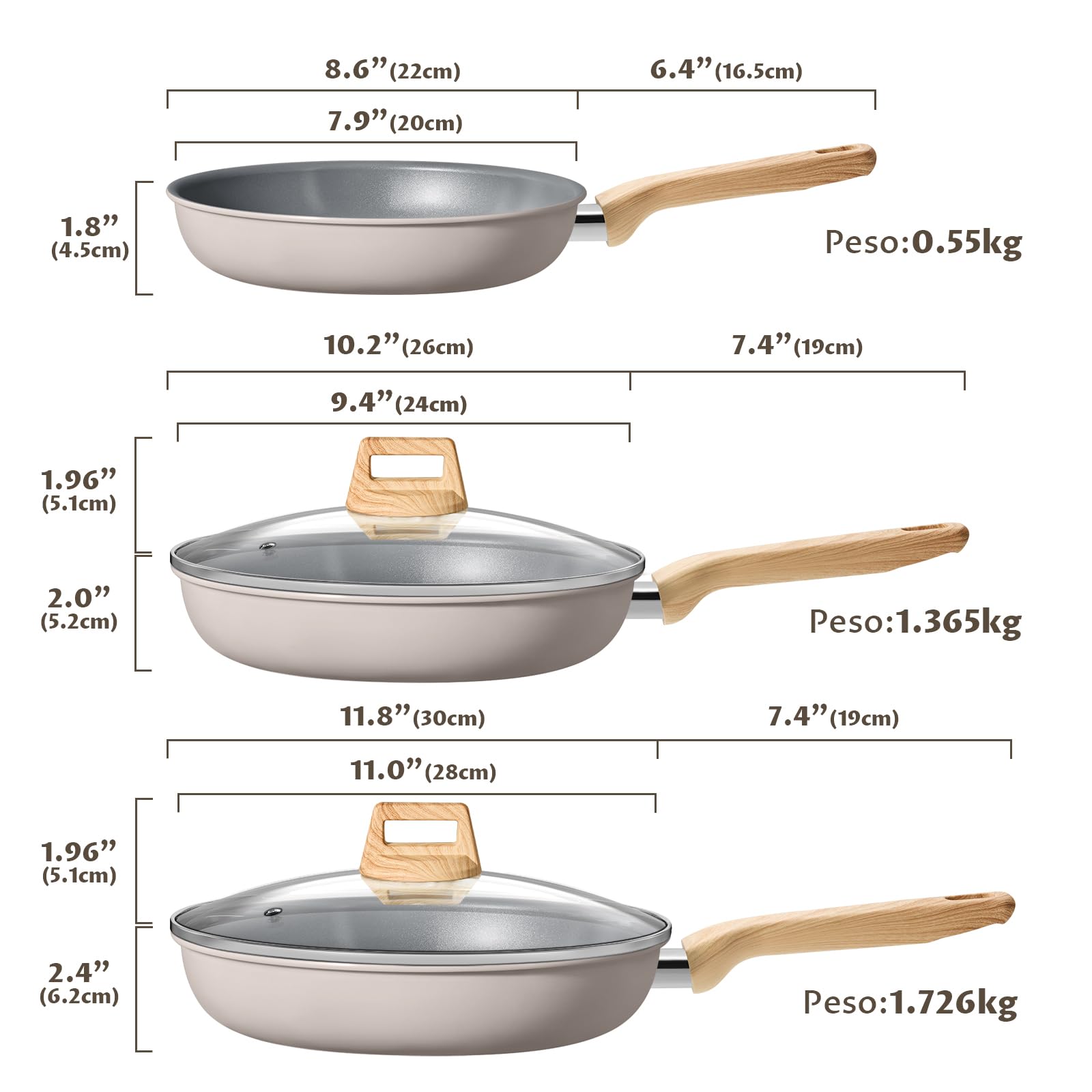 BLAZANT ceramic nonstick pan set 20+24+28cm with lids, PTFE-free, healthy | Optimized induction base for even heat, compatible with all cooktops, easy to clean, dishwasher safe, ergonomic handle