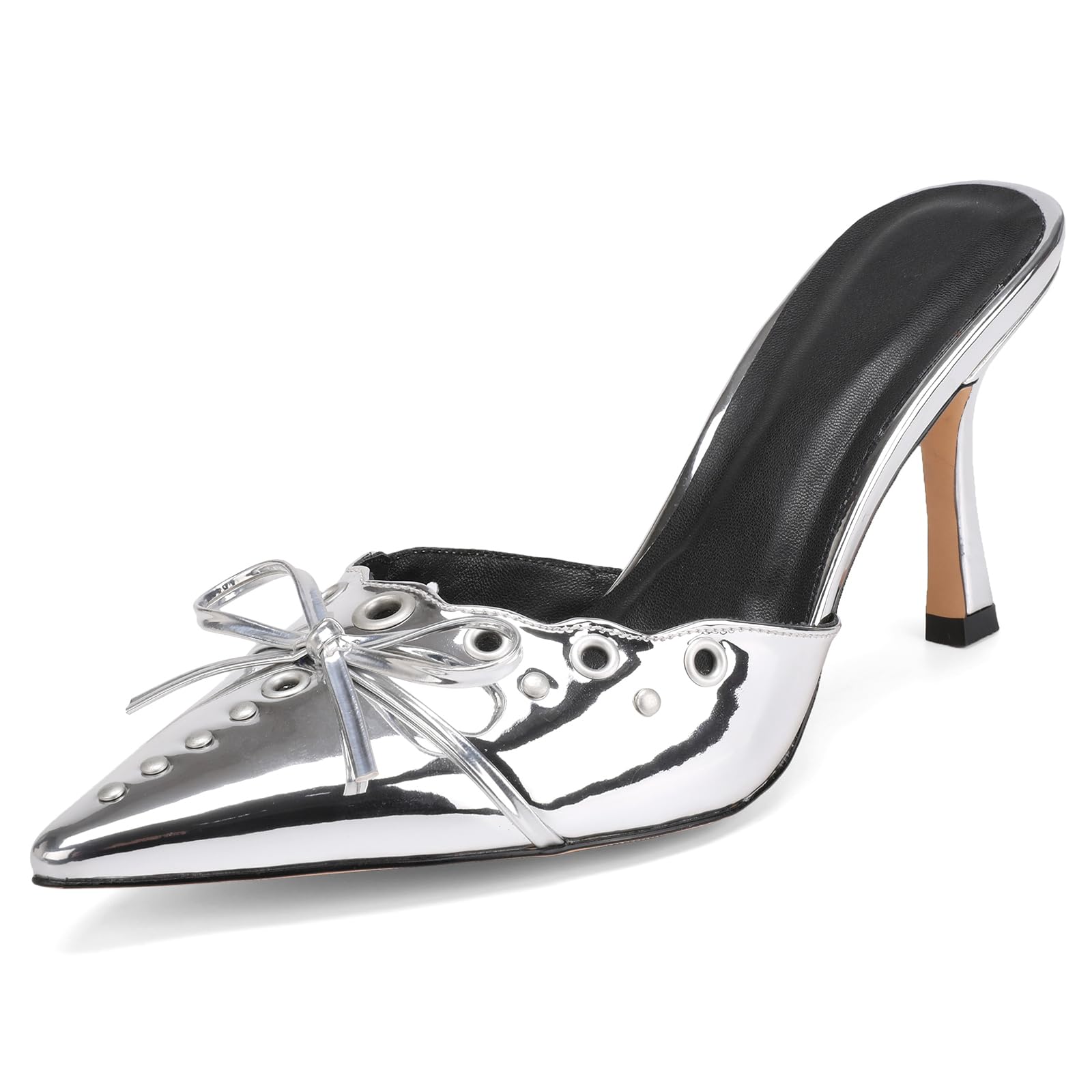 Studded Heeled Mules for Women Suede Slip On Bow Tie Pumps Shoes Backless Stiletto Heels Pointed Toe Dress Slide Sandals 8.5 Silver