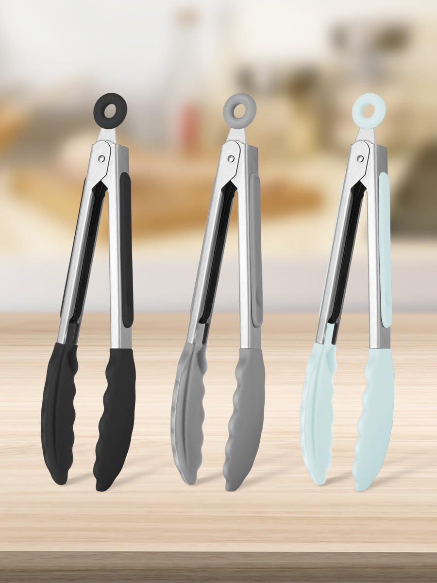 3-Pack Mini Silicone Kitchen Tongs - 7-Inch Small Serving Tongs with Heat-Resistant Silicone Tips for Cooking, Serving, and Buffet (Black,Grey,Blue)