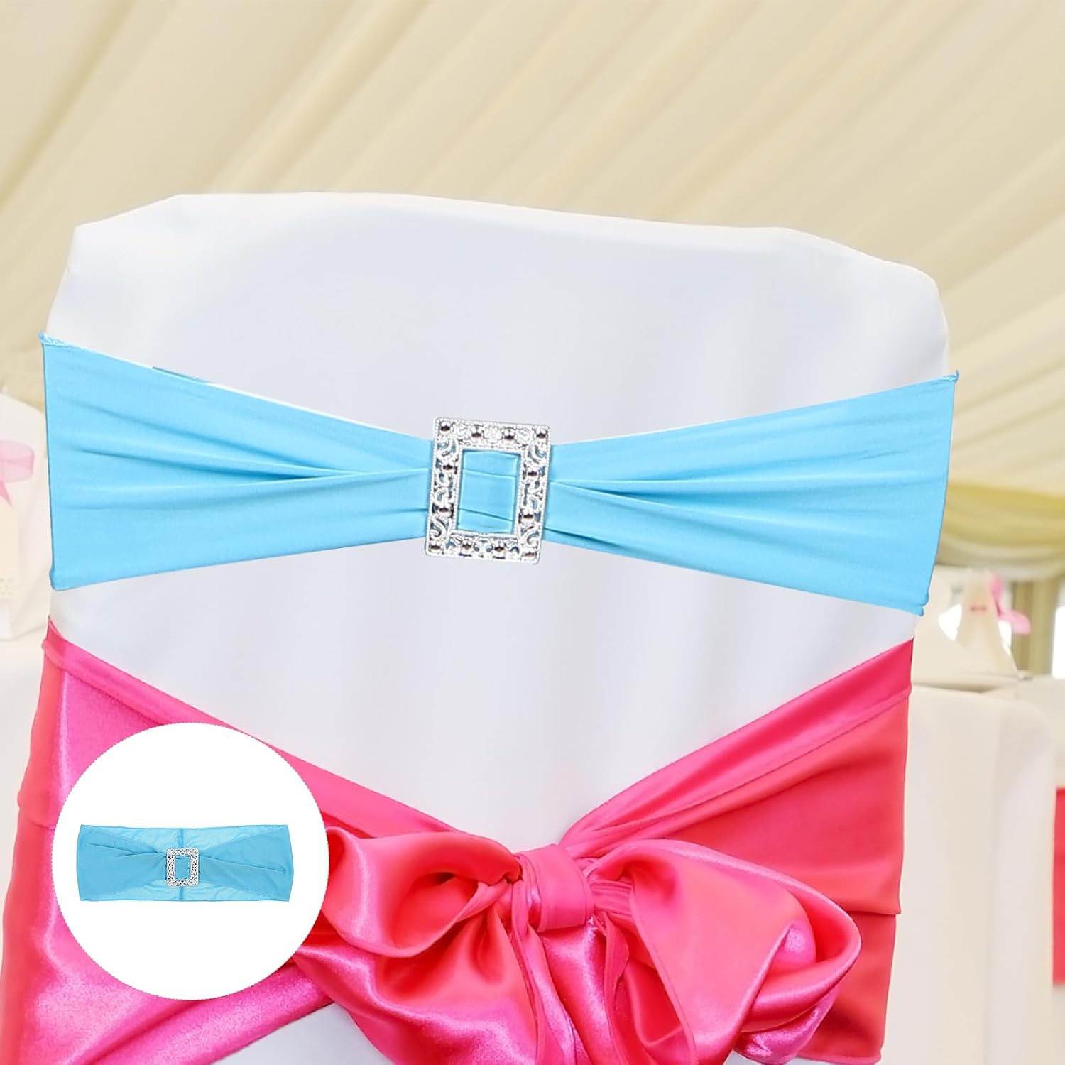 LOGOFUN 20PCS Stretch Chair Sash Bands with Buckle Slider for Wedding Holiday Party Banquet Decoration - Blue Rectangle