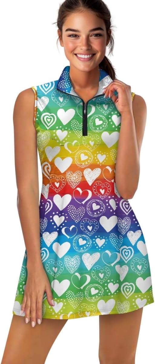 GLUDEAR Women Rainbow Heart Print Tennis Dress with Built in Shorts Sleeveless Casual Athletic Golf Dresses with Pockets