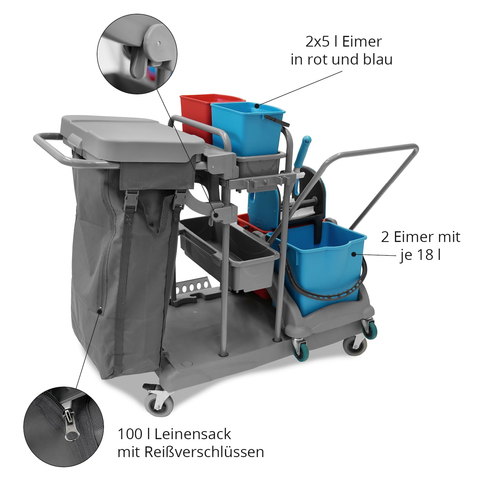 Hypafol Putzwagen Reinigungswagen 2x5 l + 2x18 l Eimer Doppelfahrwagen Moppresse Utensilbehälter Abfall-Eimer