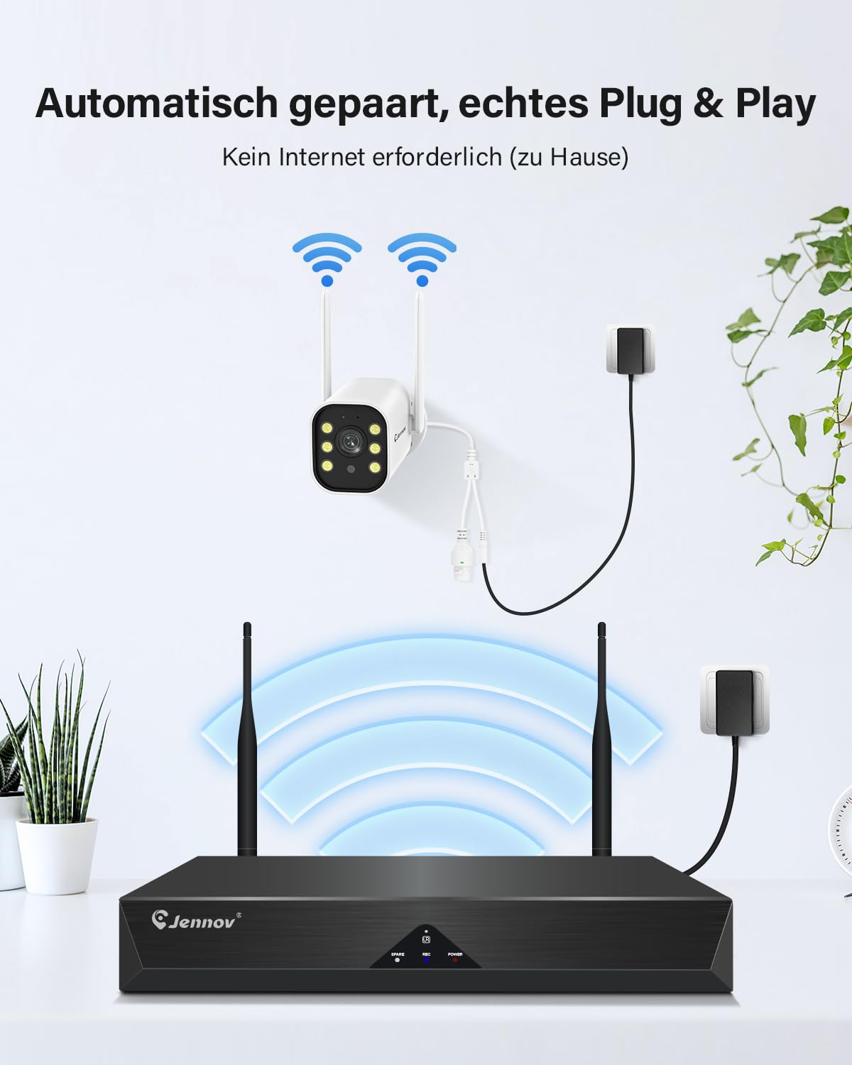 Jennov 5MP Überwachungskamera Set Aussen, 10CH 5MP WLAN NVR mit 4X WiFi Kamera Aussen mit 120° Weitwinkel, 24/7 Aufnahme, Personenerkennung, 2-Wege-Audio, Farb-Nachtsicht, 1TB