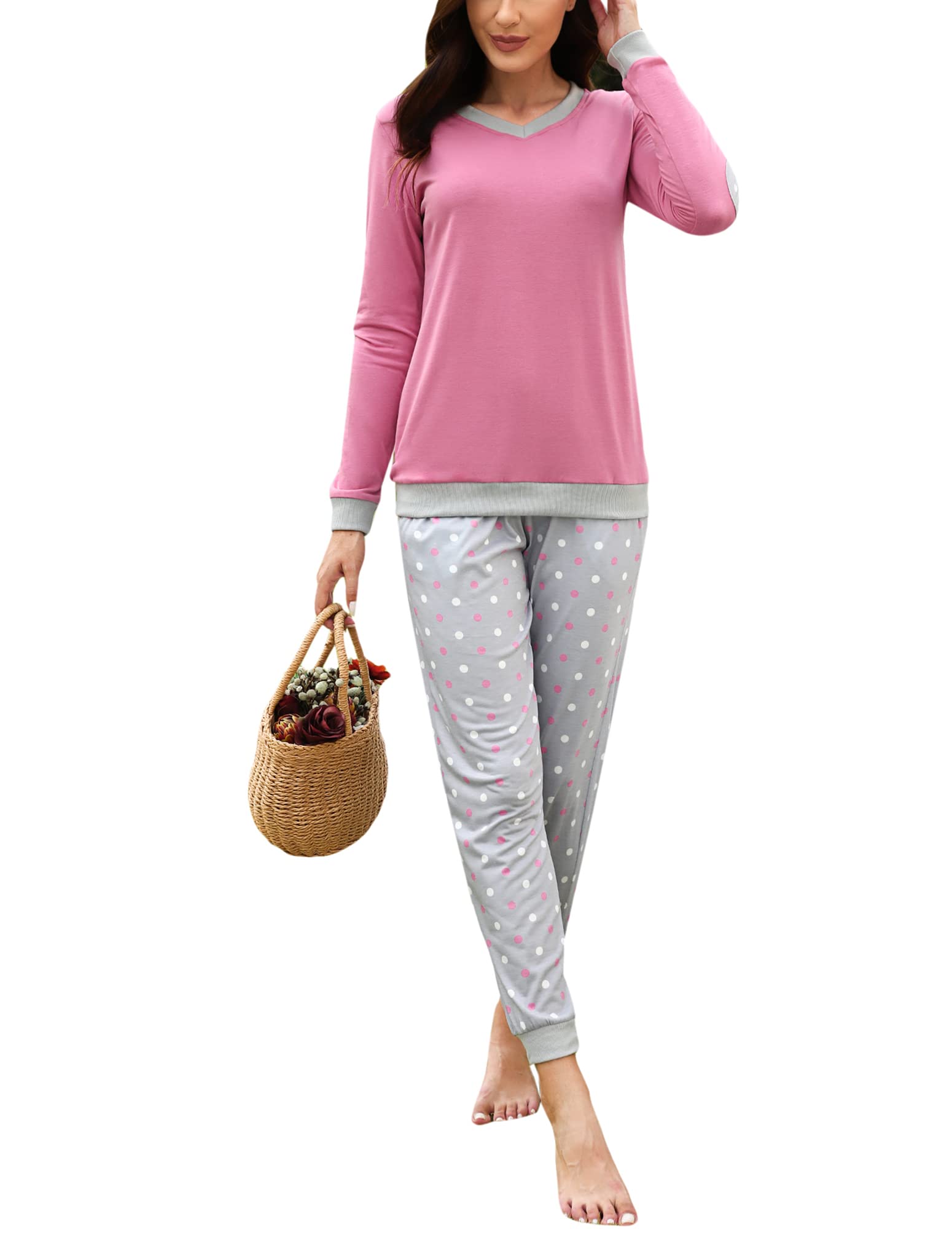 Irdcomps Schlafanzug Damen Lang Pyjama Baumwolle Winter Nachtwäsche Set V-Ausschnitt mit Bündchen S-XXL