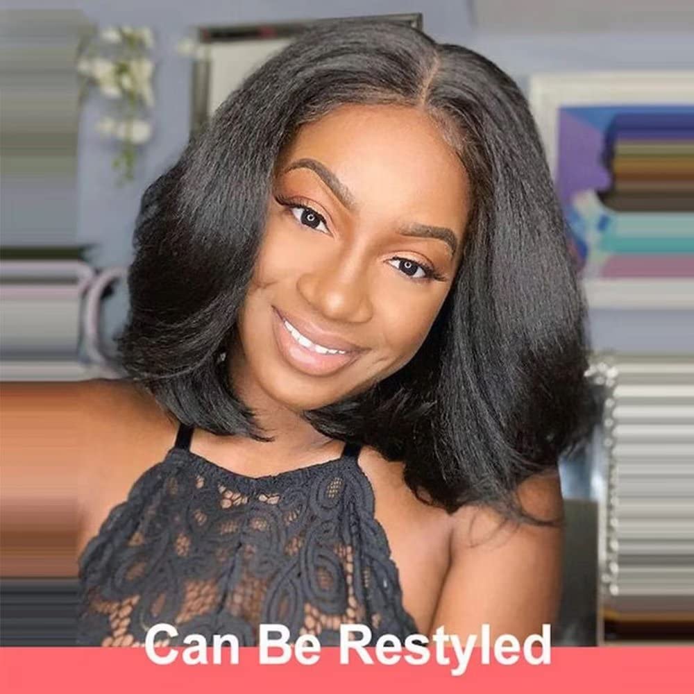 Brazilain Kinky Straight Human Hair Wigs For Black Women 13x6 Yaki Straight HD Transparent Lace Front Human Hair Wig Glueless Natural Hairline Pre Plucked Short Bob Wig 150% Density 14Inch